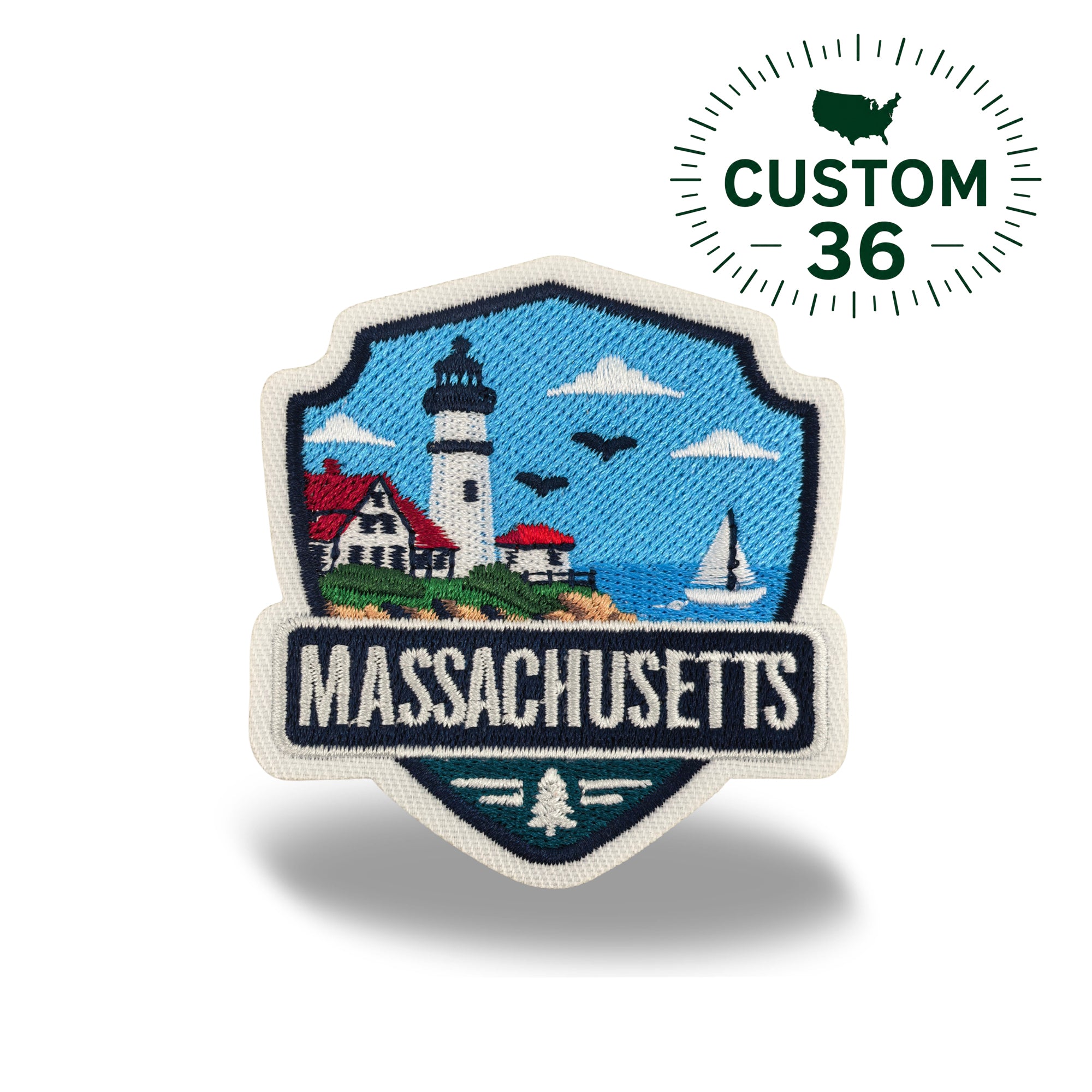 Massachusetts Coastal Travel Iron-on Embroidered Patch | New England Lighthouse Souvenir Patch for Hats, Jackets & Backpacks