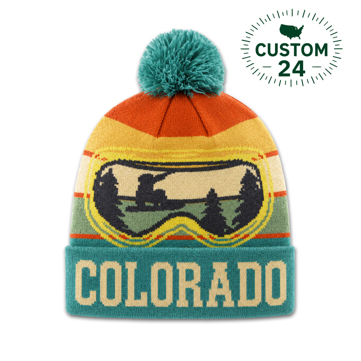 Colorado Ski Goggles Pom Beanie – Custom Cuff Lettering Winter Knit Hat