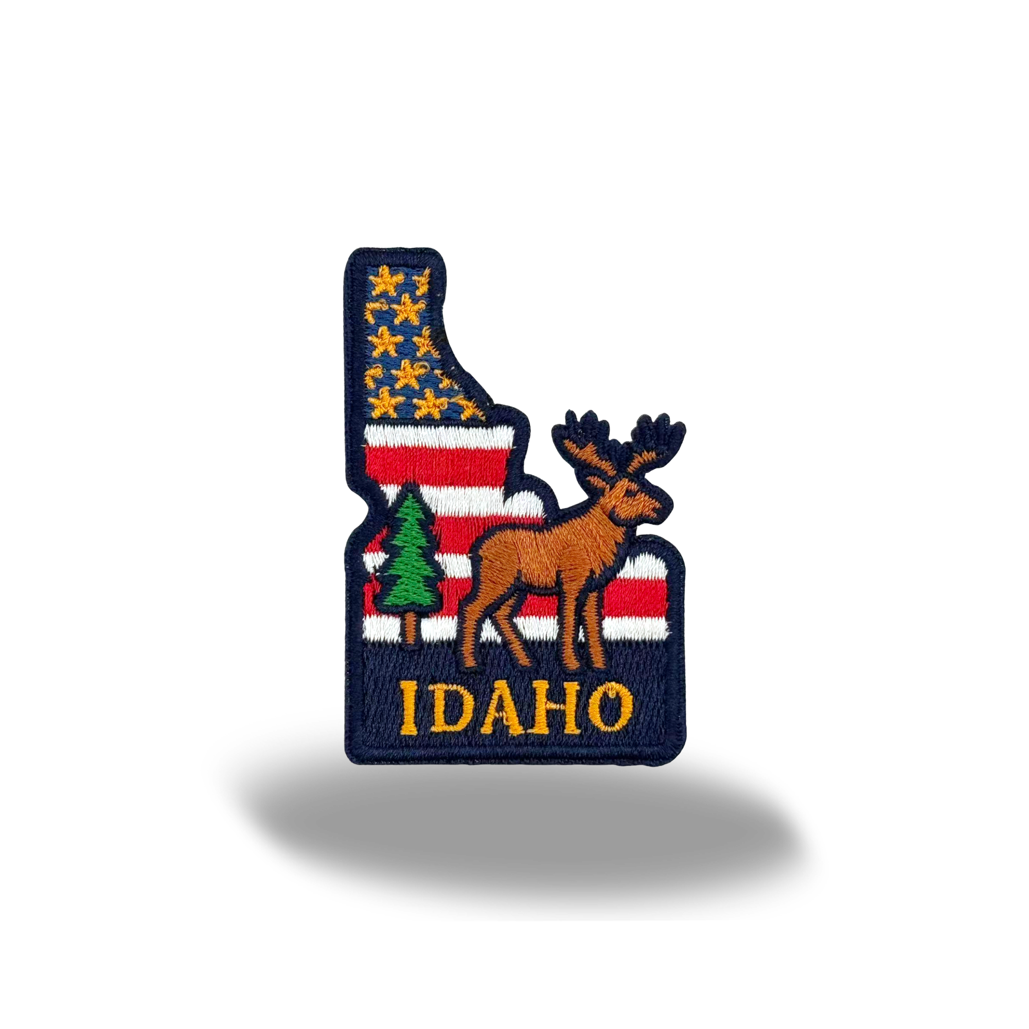 Idaho State Embroidered Patch with Elk Forest and Vintage American Flag Design