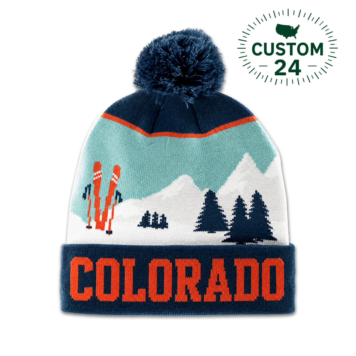 Colorado Ski Mountain Pom Beanie – Custom Cuff Lettering Winter Knit Hat