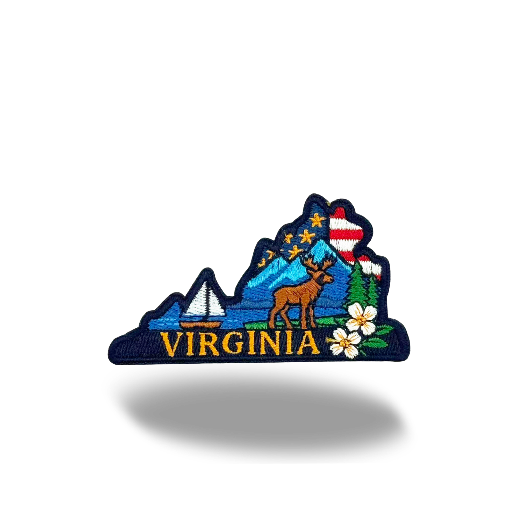 Virginia State Embroidered Patch with Mountain Deer Sailboat Floral Outdoor Travel Souvenir