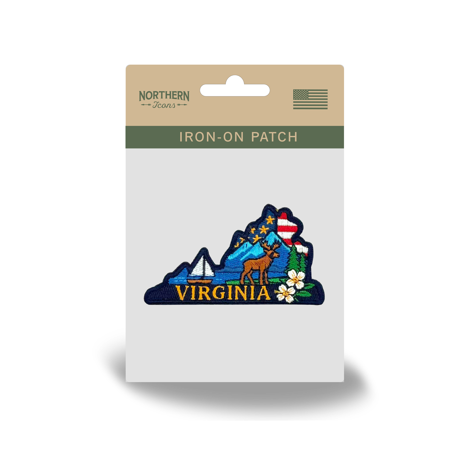 Virginia State Embroidered Patch with Mountain Deer Sailboat Floral Outdoor Travel Souvenir