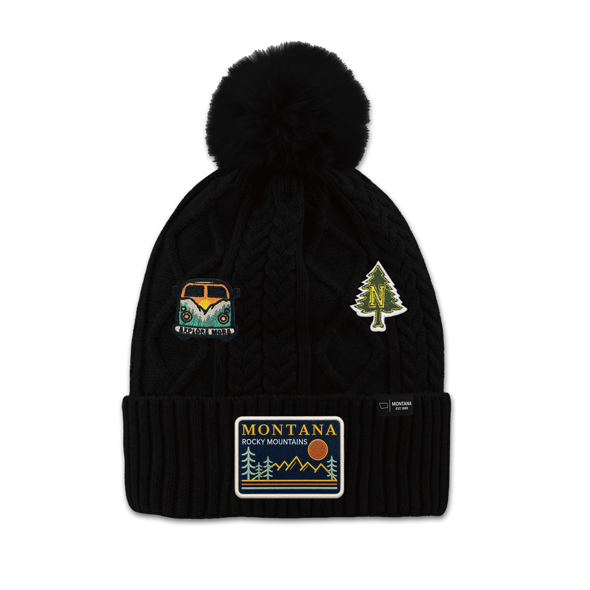 Montana Rocky Mountains Patch Pom Beanie - Cozy Outdoor Winter Hat