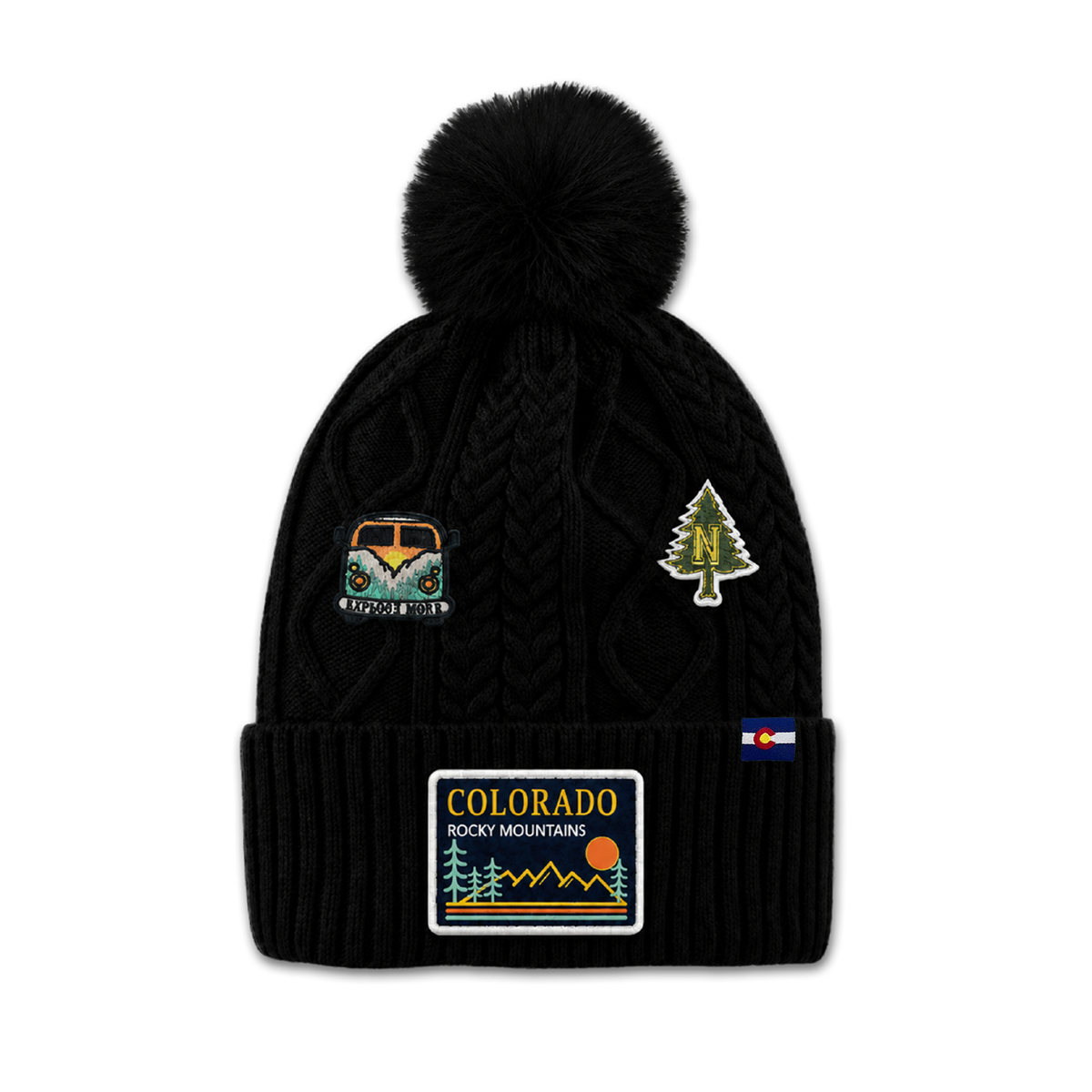 Colorado Rocky Mountain Adventure Pom Beanie | Cable Knit Cuffed Winter Hat