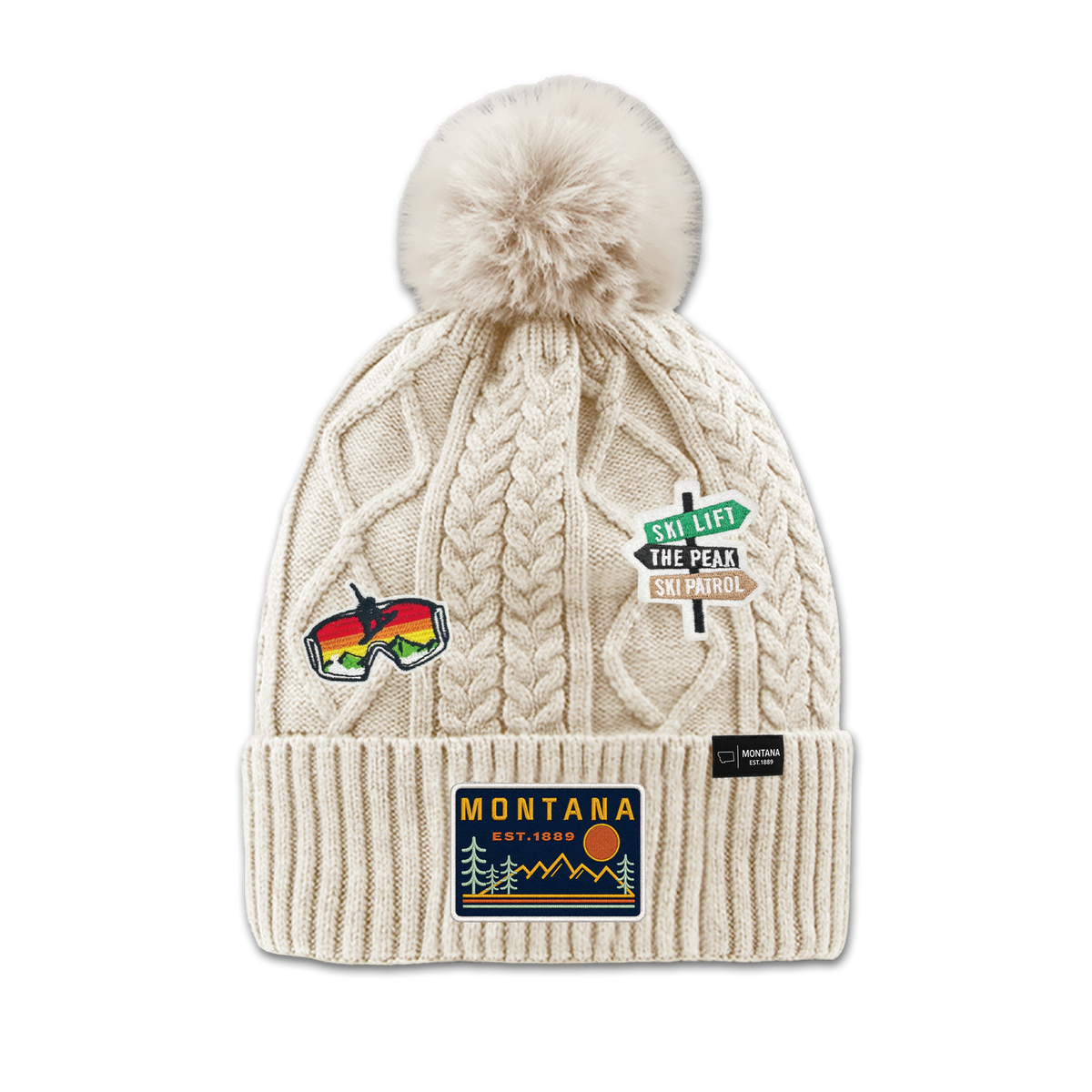 Montana Ski Adventure Patch Pom Beanie - Fleece Lined Winter Hat