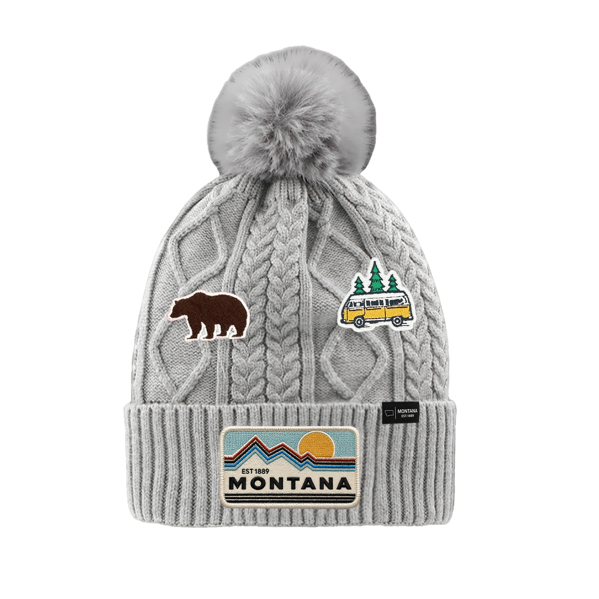 Montana Outdoor Adventure Patch Pom Beanie - Cozy Fleece Winter Hat