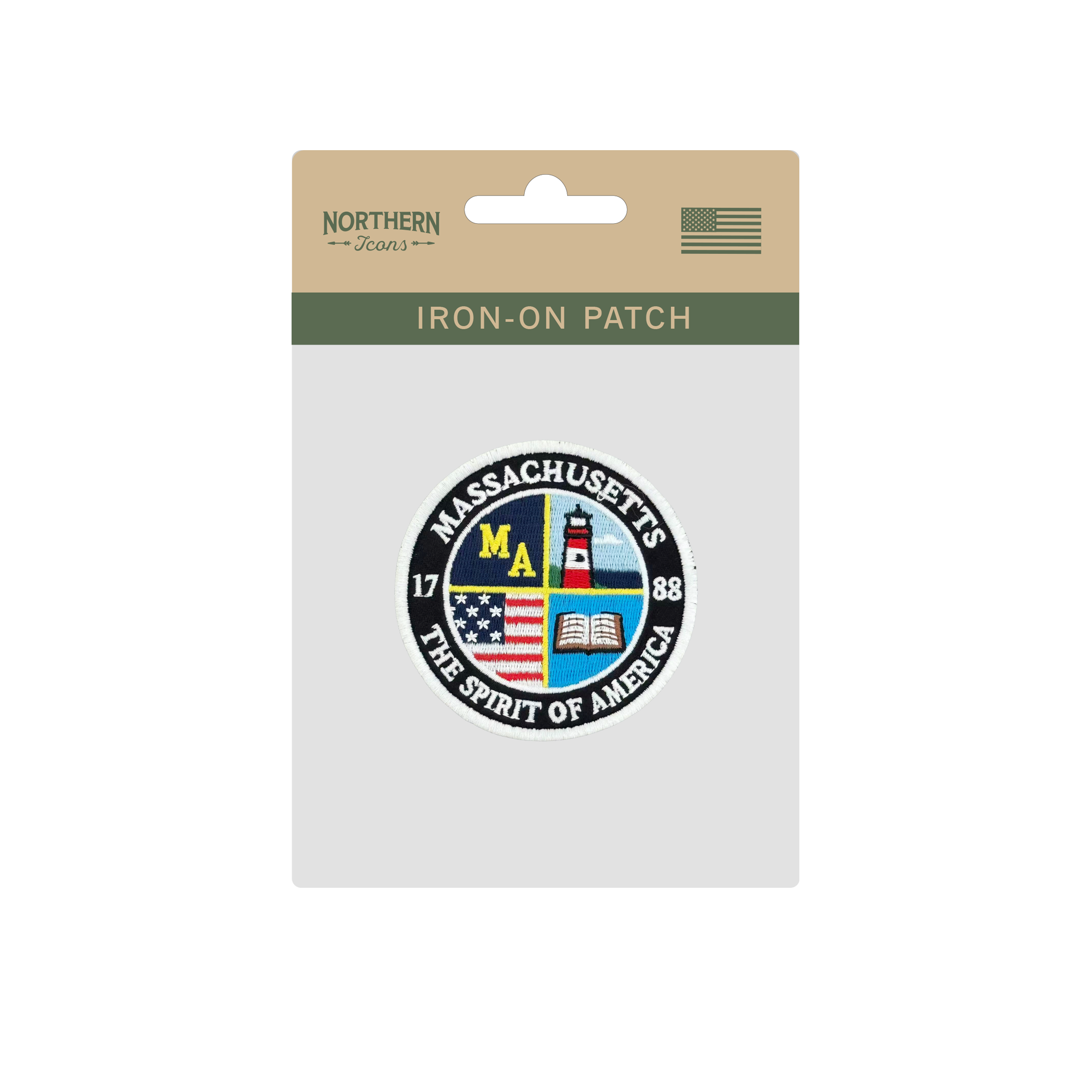 Massachusetts Spirit of America Embroidered Round Patch with Lighthouse and Book Design