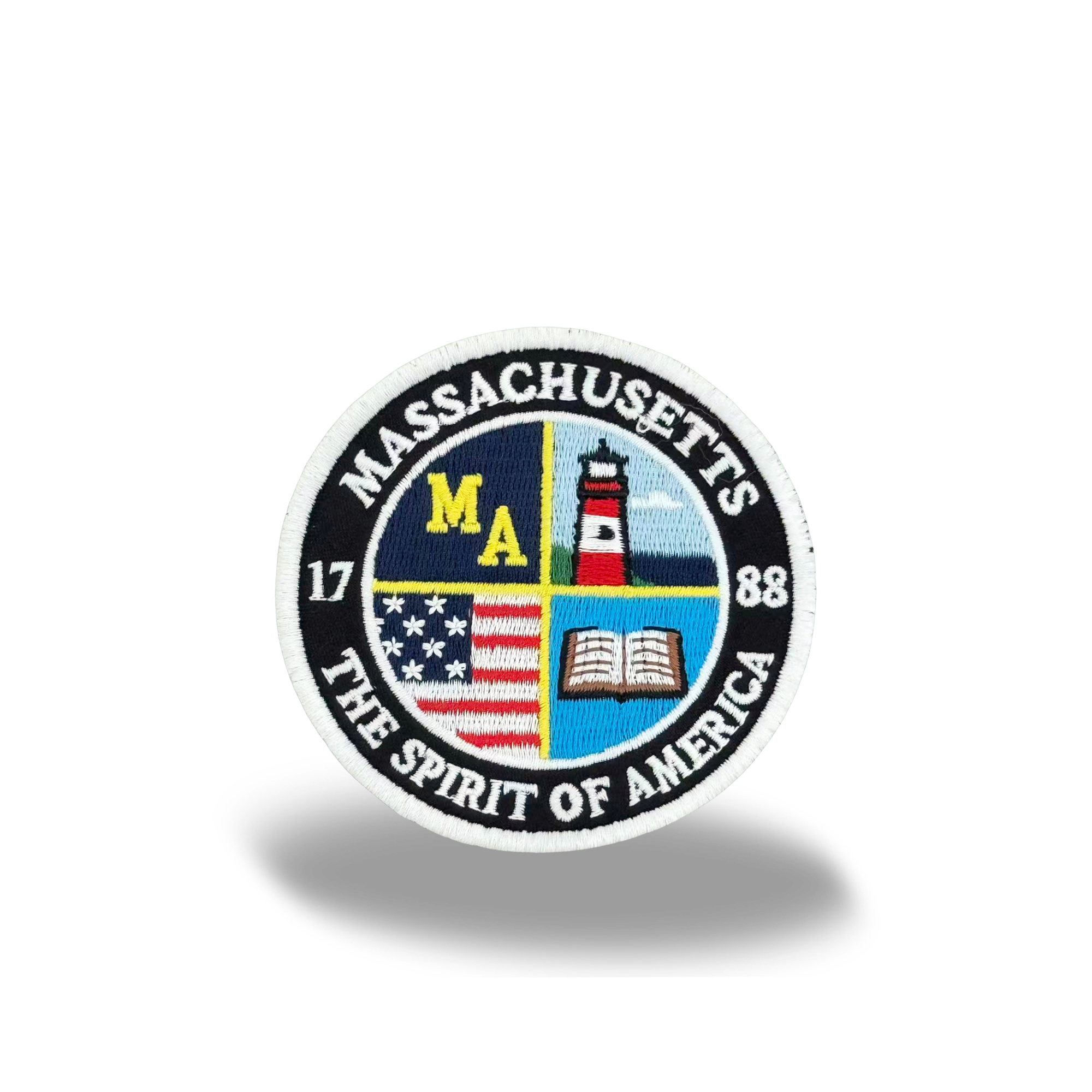 Massachusetts Spirit of America Embroidered Round Patch with Lighthouse and Book Design