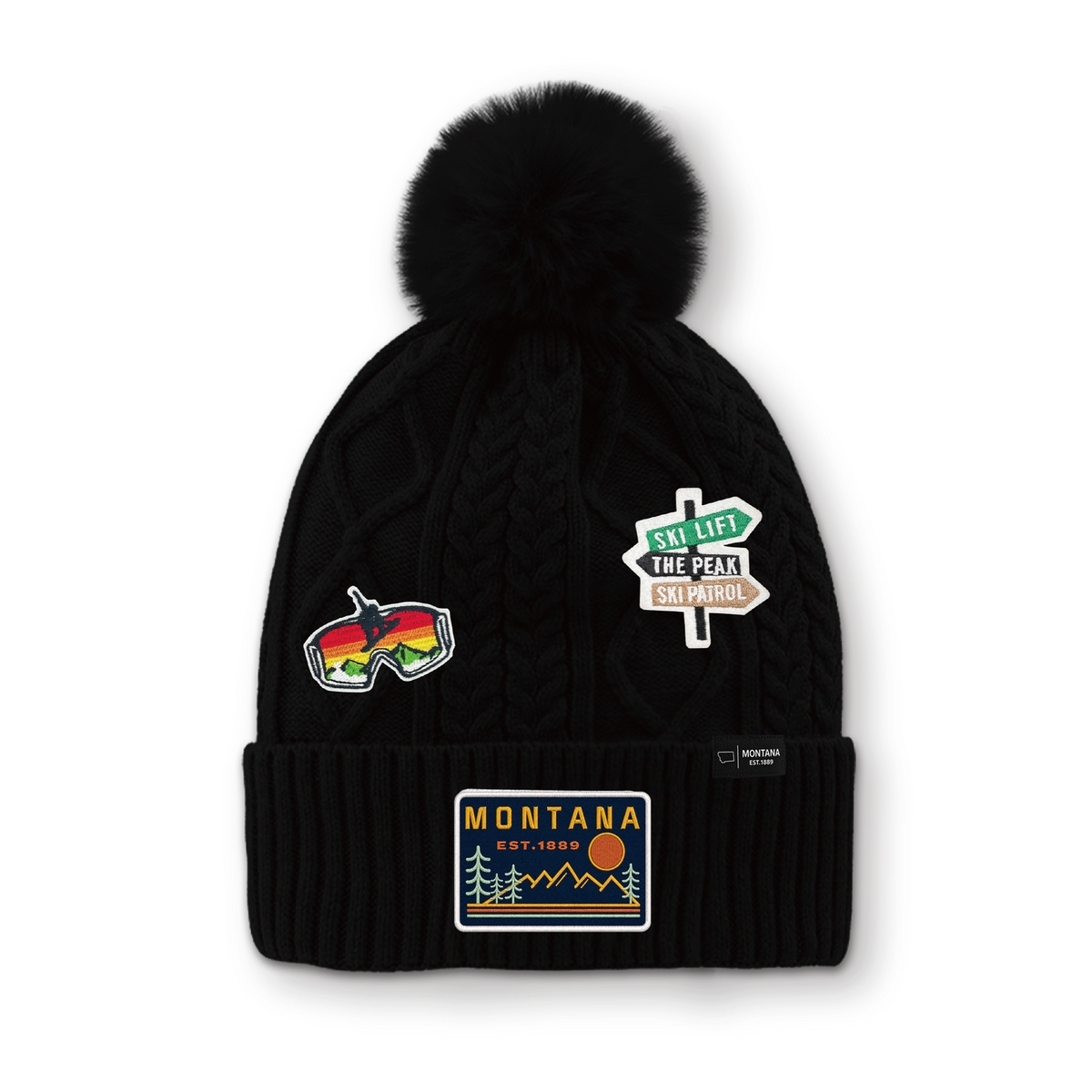 Montana Ski Adventure Patch Pom Beanie - Fleece Lined Winter Hat