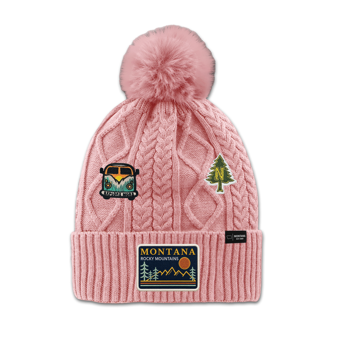 Montana Rocky Mountains Patch Pom Beanie - Cozy Outdoor Winter Hat