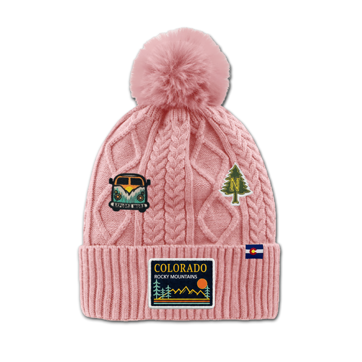 Colorado Rocky Mountain Adventure Pom Beanie | Cable Knit Cuffed Winter Hat