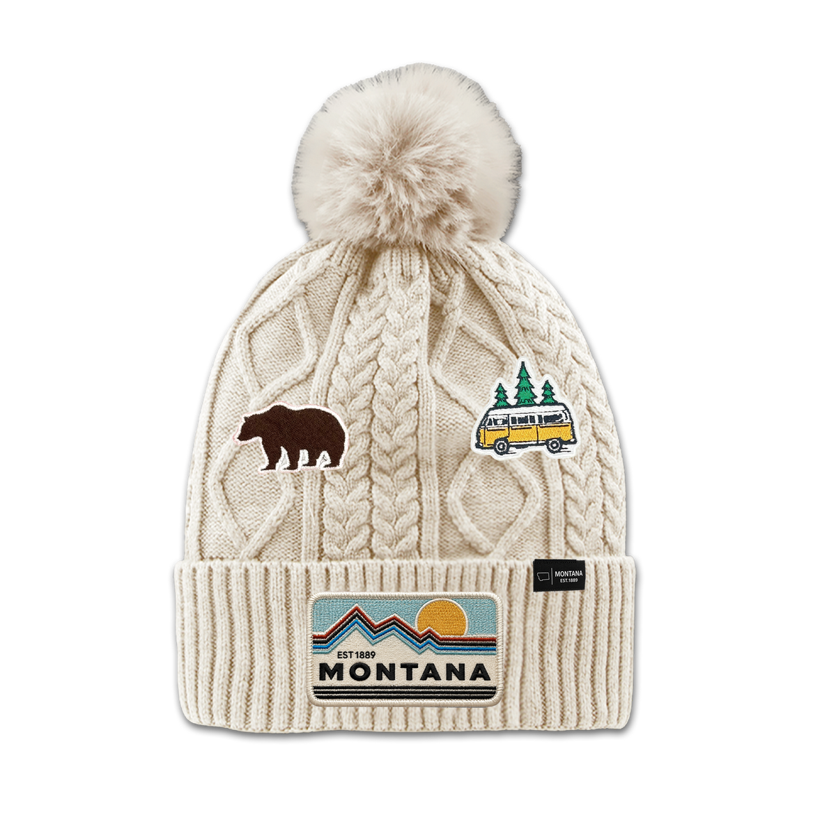 Montana Outdoor Adventure Patch Pom Beanie - Cozy Fleece Winter Hat