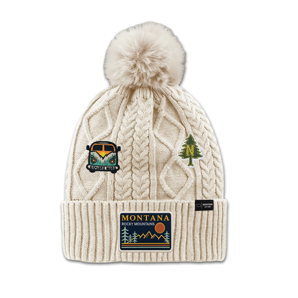 Montana Rocky Mountains Patch Pom Beanie - Cozy Outdoor Winter Hat