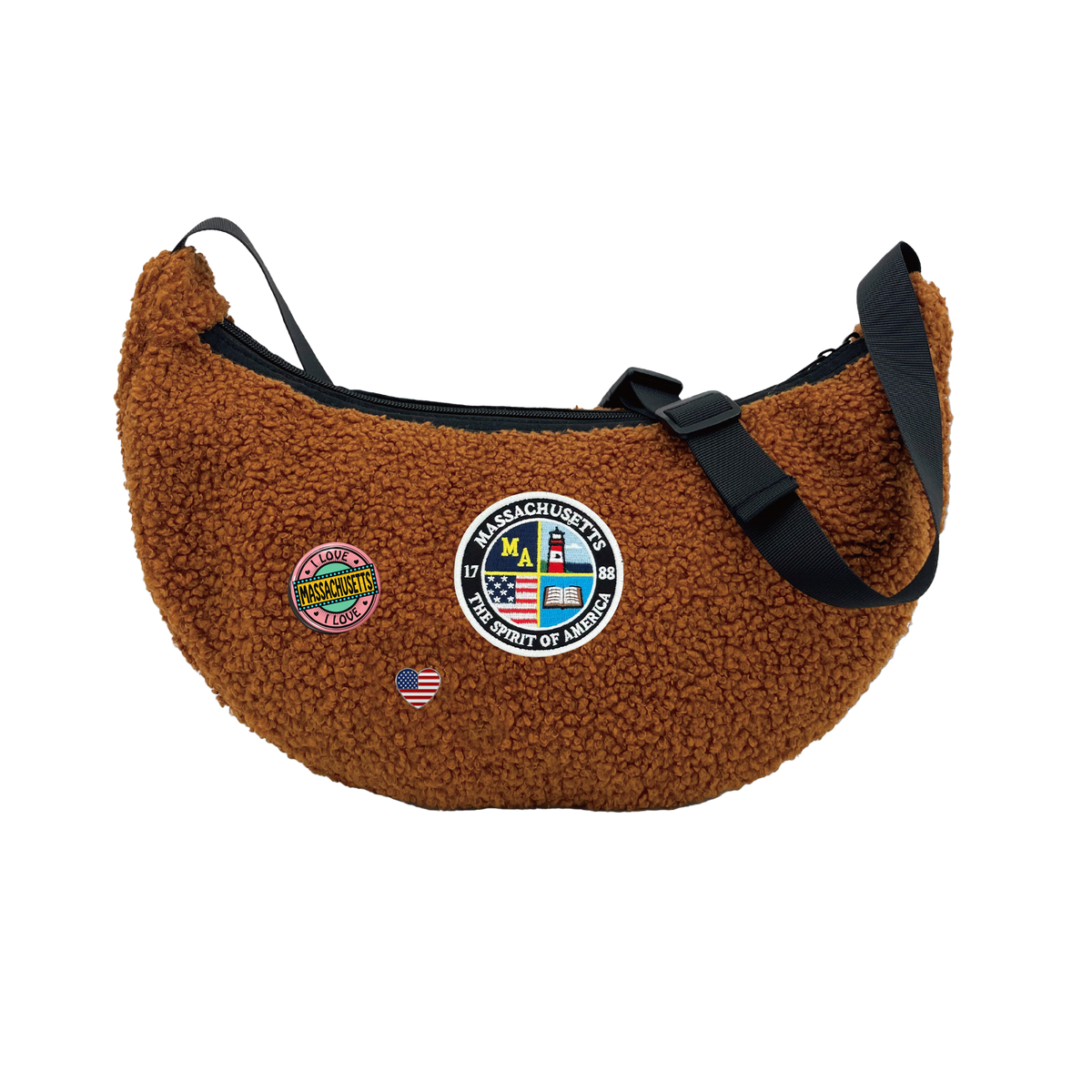 Massachusetts Sherpa Round Shoulder Bag | Cozy Fleece Crossbody Bag