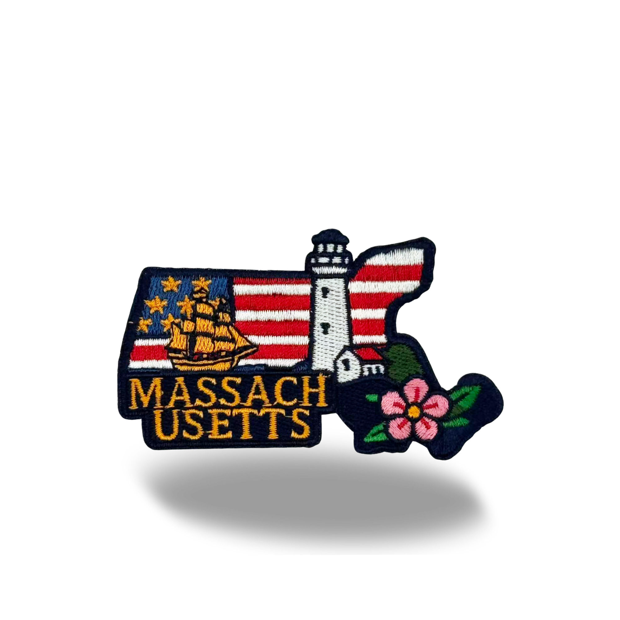 Massachusetts State Embroidered Patch State Shape Lighthouse Ship Souvenir Badge