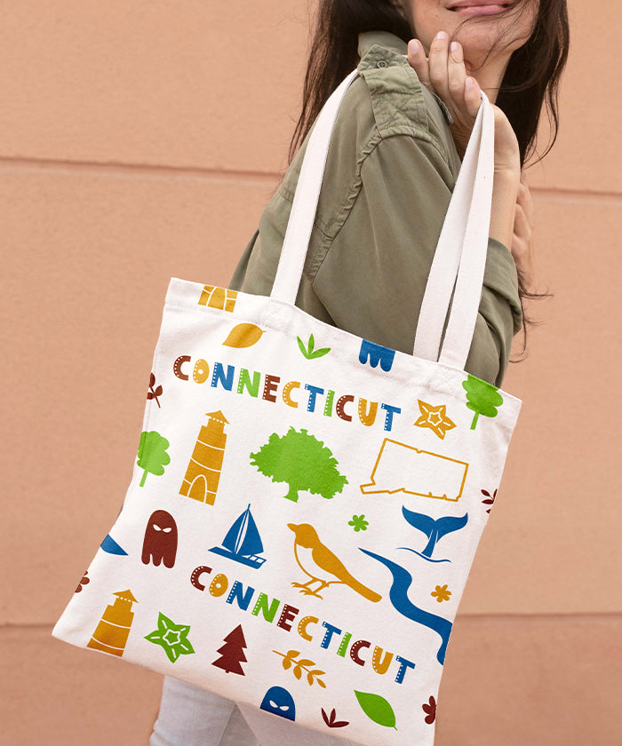 Connecticut Icons Illustrated Cotton Tote Bag – New England Travel Souvenir