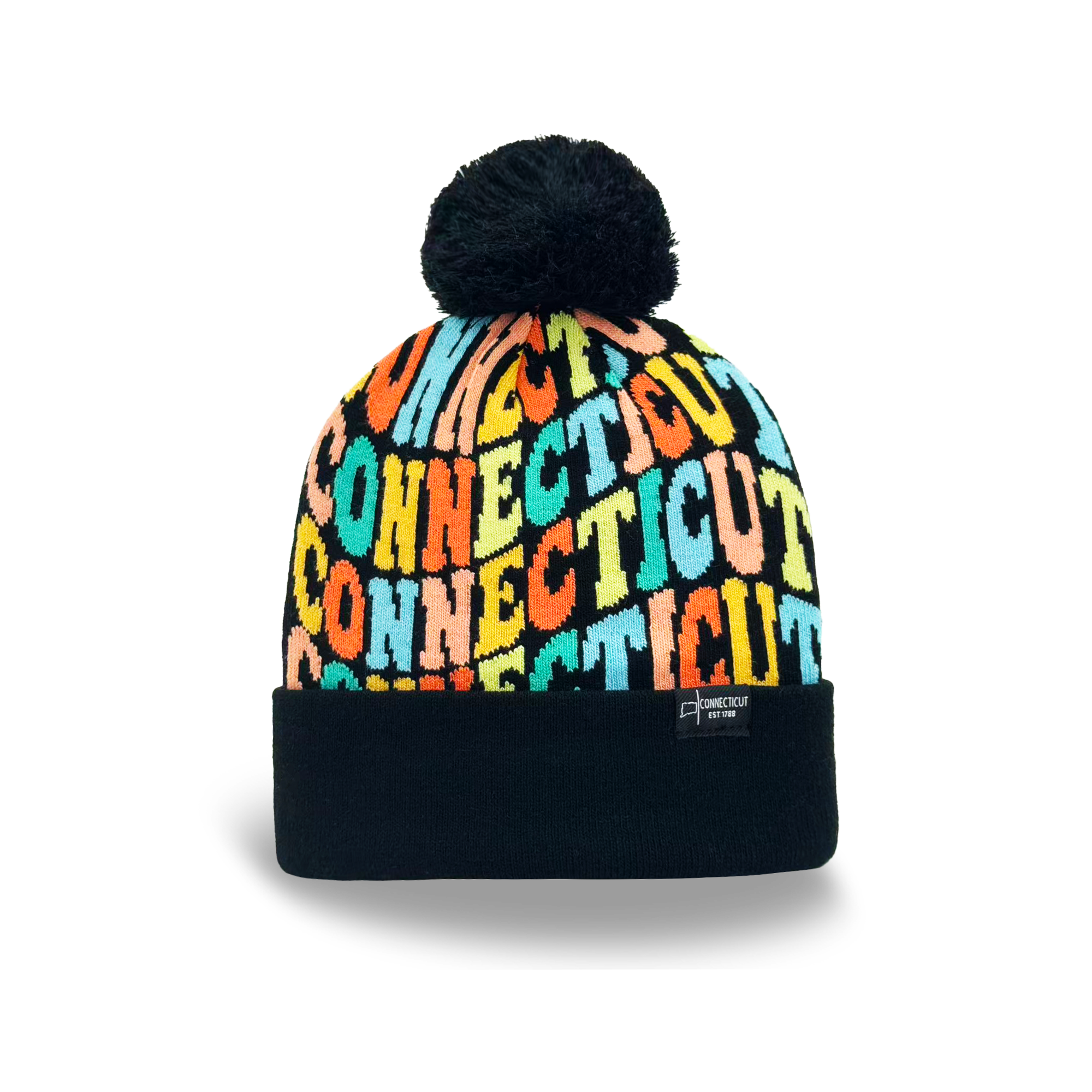Connecticut Colorful Letter Knit Beanie Retro Pom Pom Winter Hat with Bold Typography