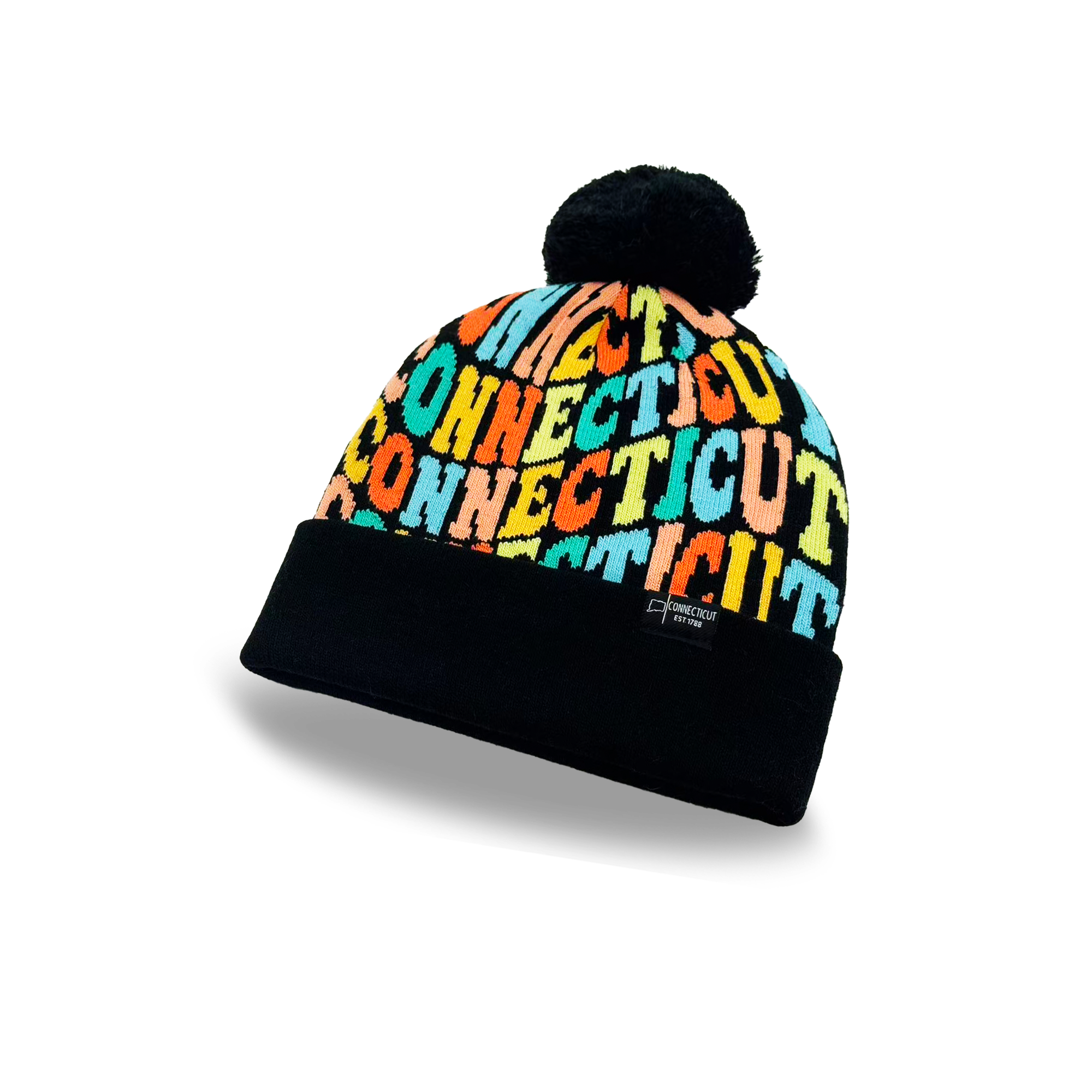 Connecticut Colorful Letter Knit Beanie Retro Pom Pom Winter Hat with Bold Typography