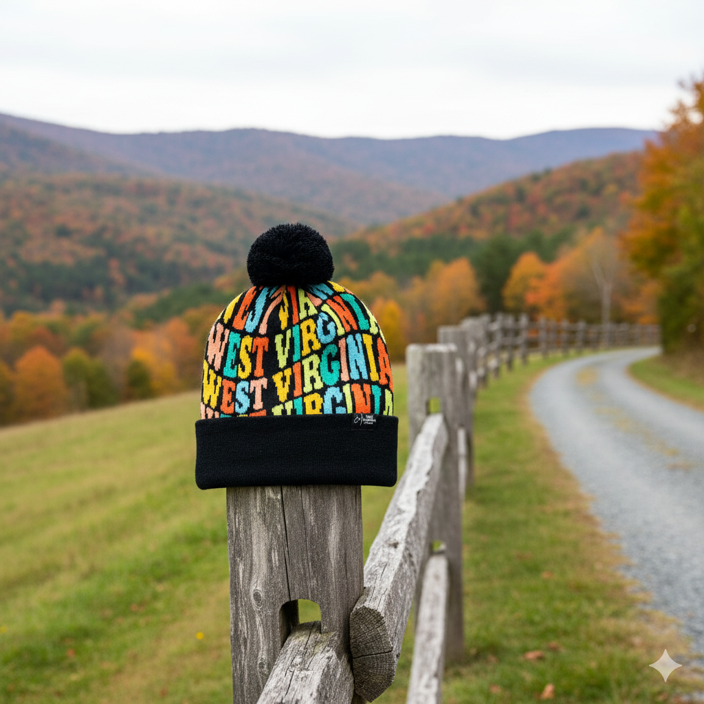 West Virginia Colorful Letter Knit Beanie Retro Pom Pom Winter Hat with Bold Typography