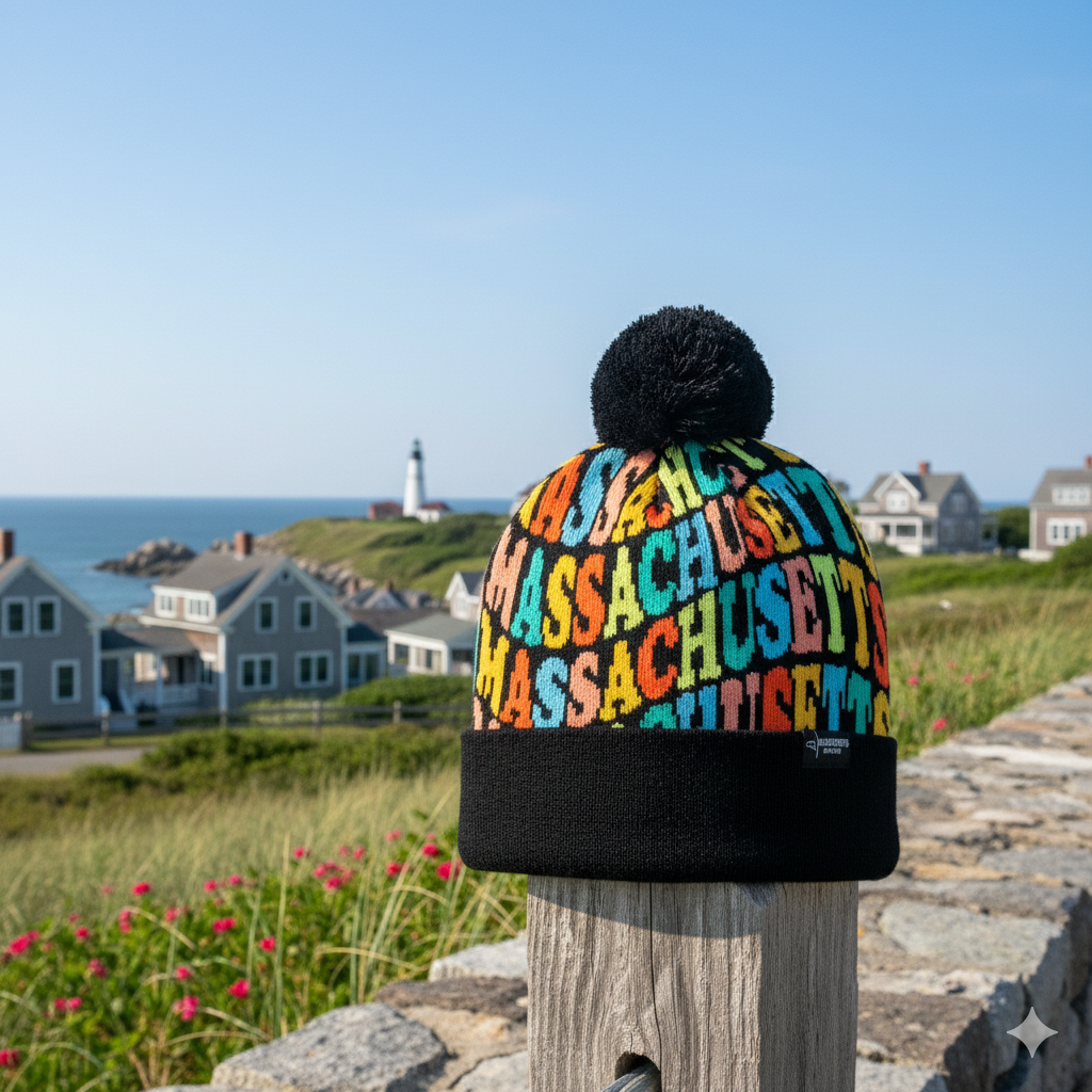Massachusetts Colorful Letter Knit Beanie Retro Pom Pom Winter Hat with Bold Typography