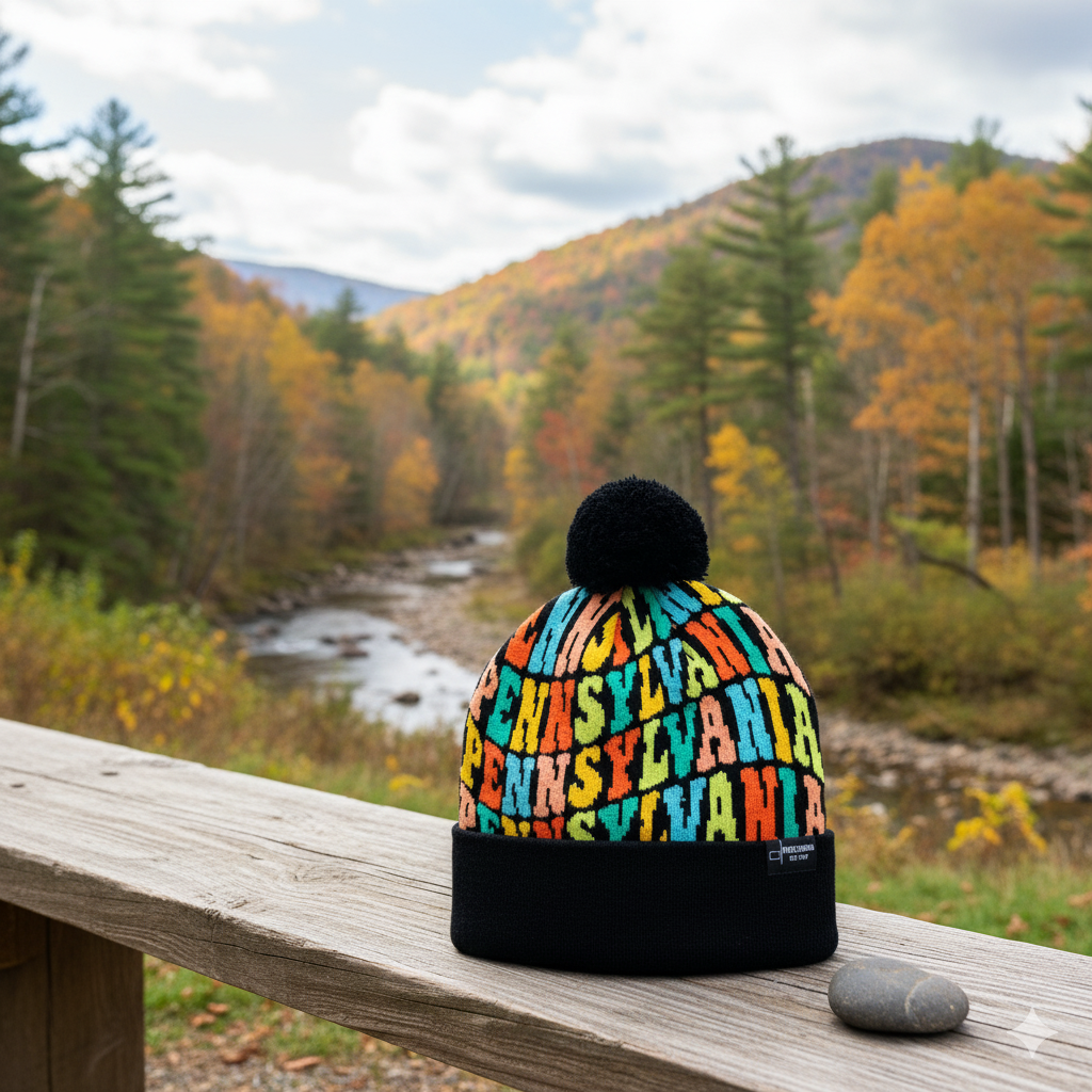 Pennsylvania Colorful Letter Knit Beanie Retro Pom Pom Winter Hat with Bold Typography