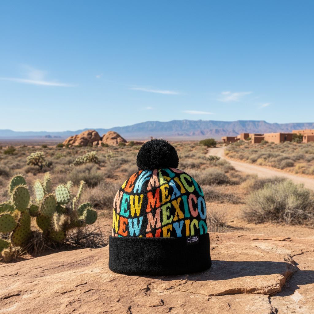 New Mexico Colorful Letter Knit Beanie Retro Pom Pom Winter Hat with Bold Typography