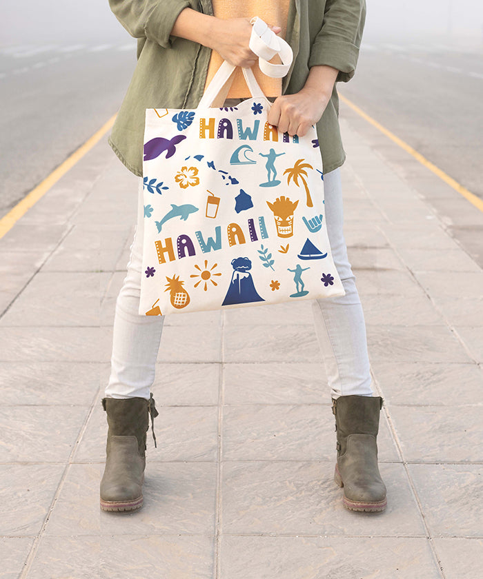 Hawaii Icon Canvas Tote Bag – Hawaii Island Travel Souvenir Shopping Tote