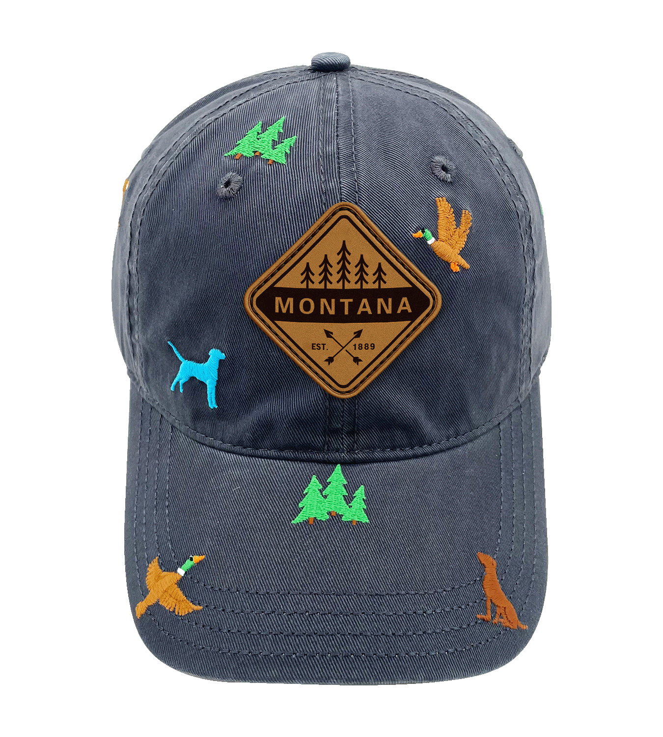 Montana Embroidered Baseball Cap - Outdoor Duck Hunting Adventure Hat with Dog and Pine Design