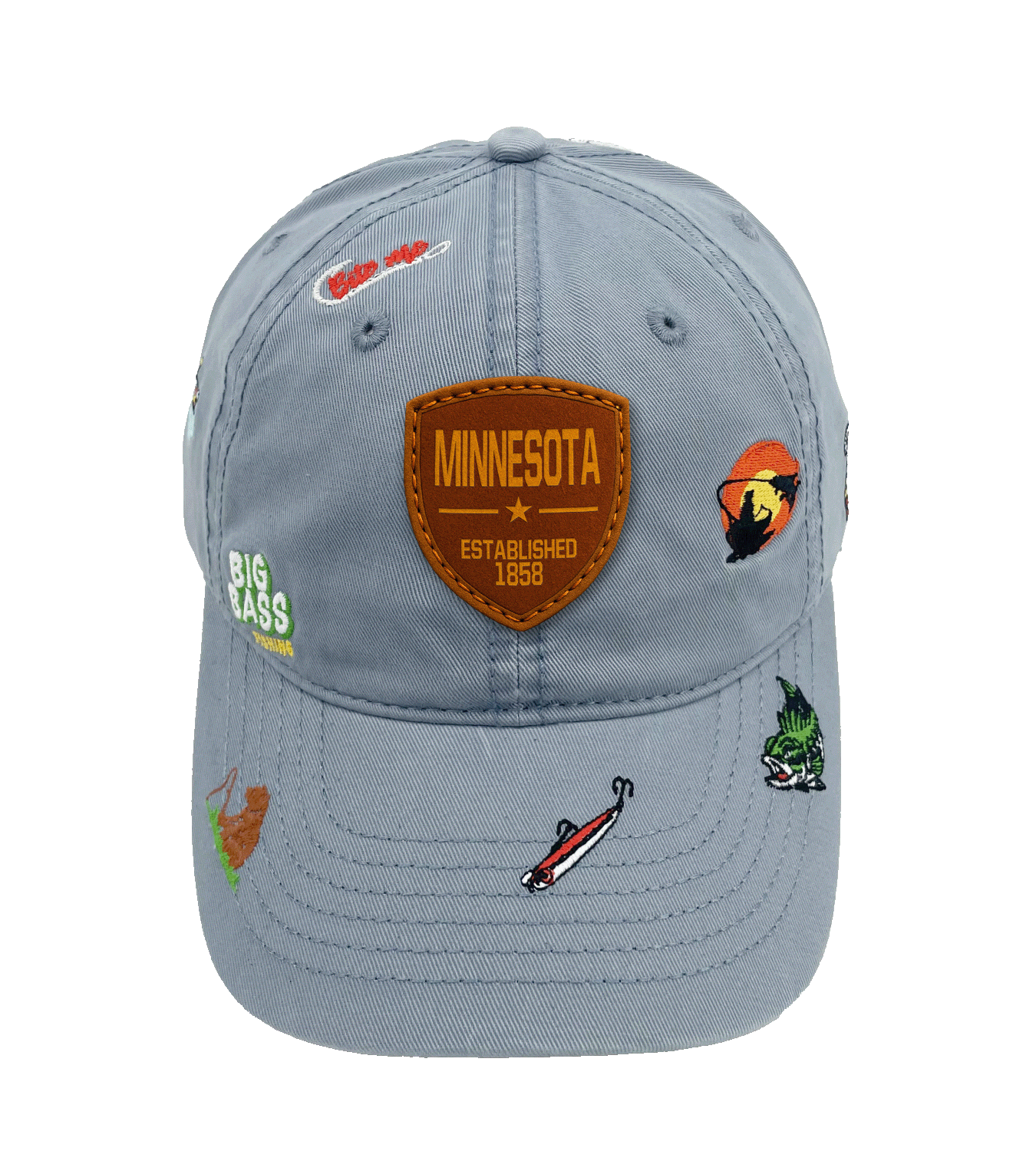 Minnesota Big Bass Fishing Baseball Cap with Embroidered Outdoor Adventure Icons
