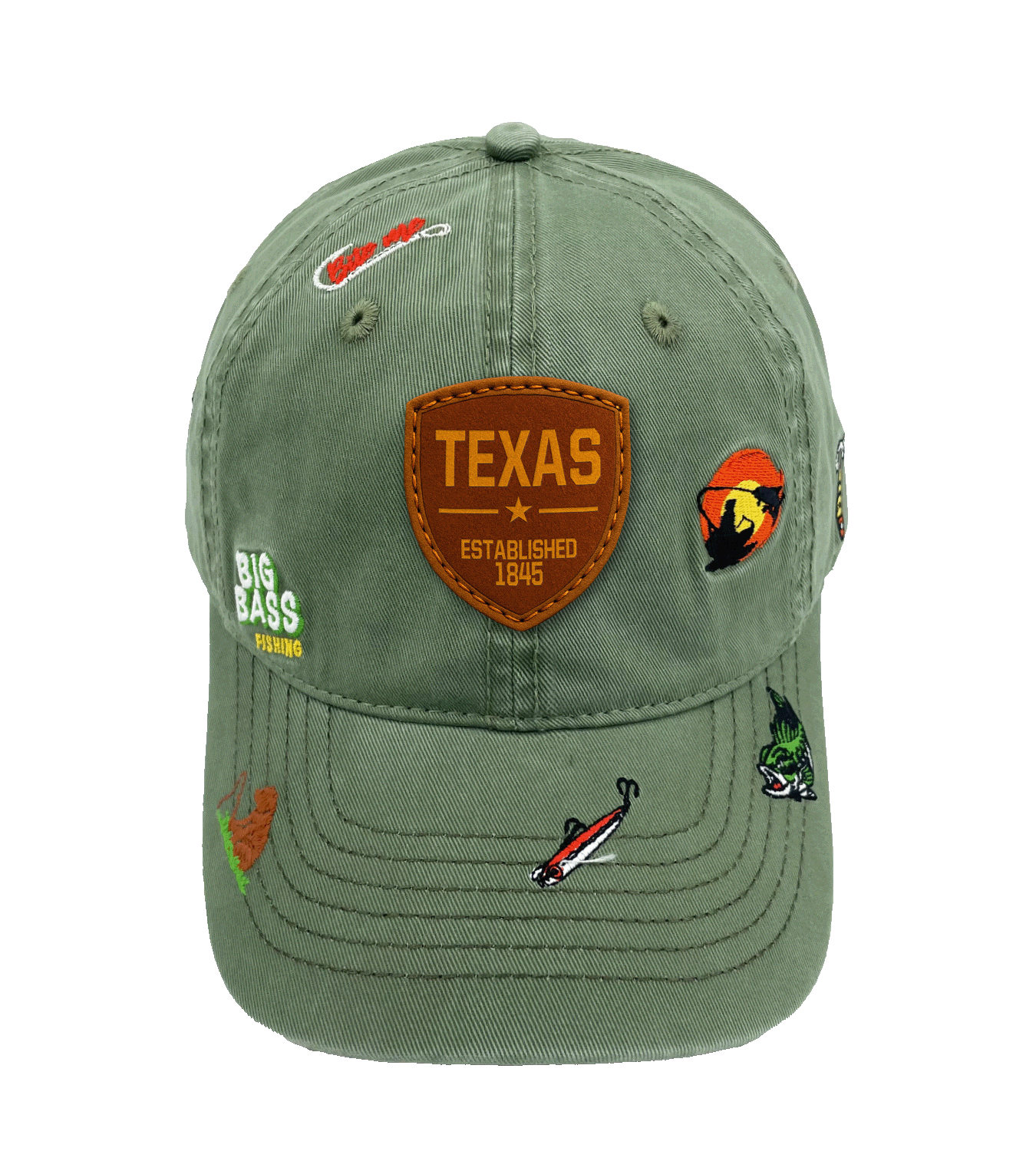 Texas Big Bass Fishing Baseball Cap with Embroidered Outdoor Adventure Icons