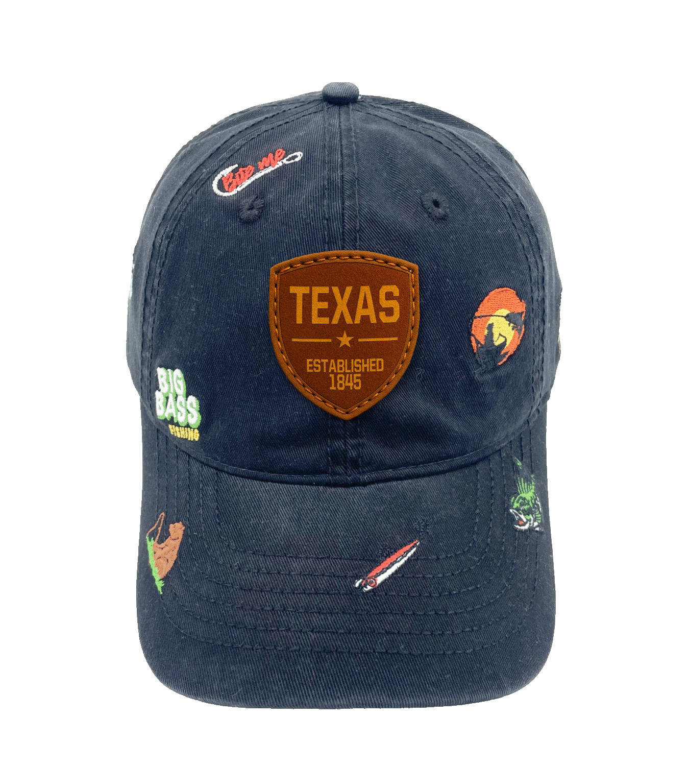 Texas Big Bass Fishing Baseball Cap with Embroidered Outdoor Adventure Icons