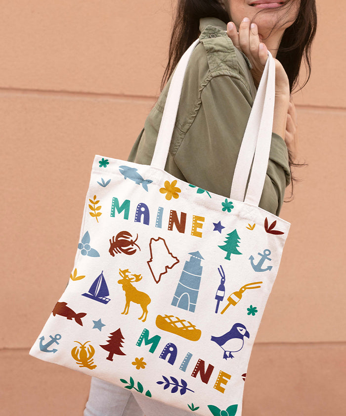 Maine Icon Canvas Tote Bag – Maine State Map Coastal Travel Souvenir Tote
