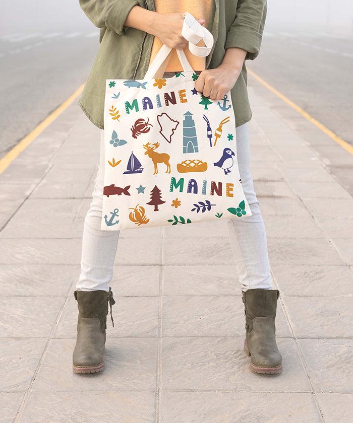 Maine Icon Canvas Tote Bag – Maine State Map Coastal Travel Souvenir Tote