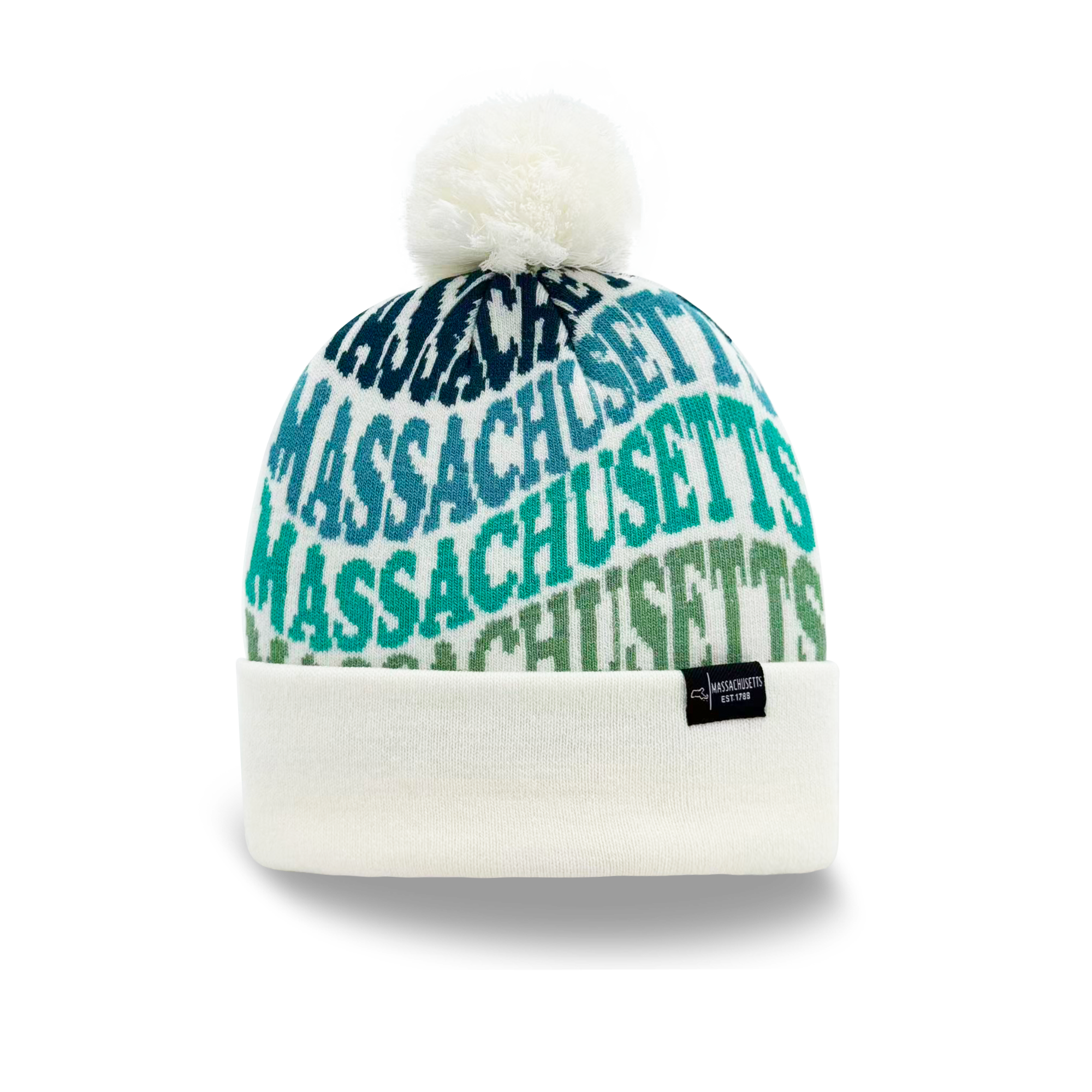 Massachusetts Colorful Letter Knit Beanie Retro Pom Pom Winter Hat with Bold Typography
