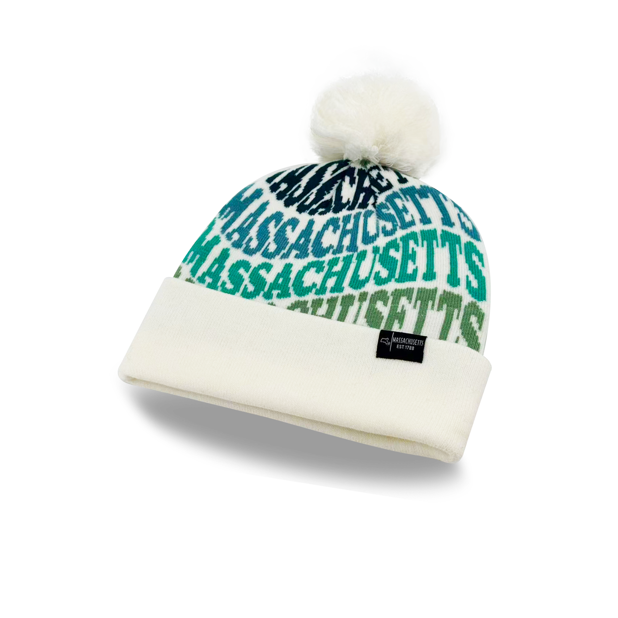 Massachusetts Colorful Letter Knit Beanie Retro Pom Pom Winter Hat with Bold Typography