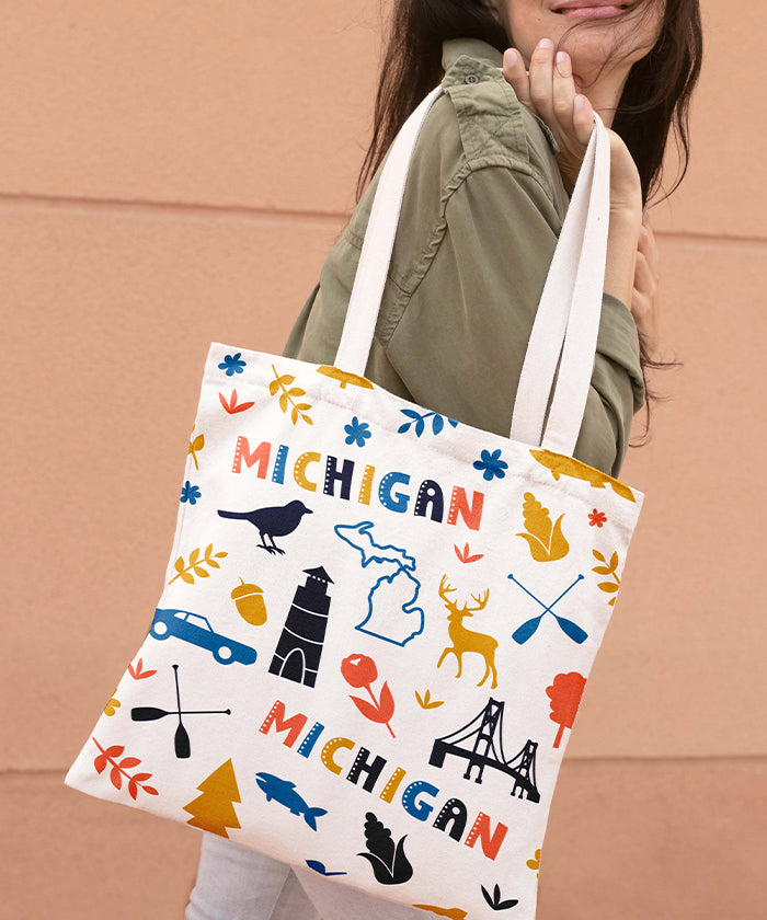 Michigan Icon Canvas Tote Bag – Michigan State Map Great Lakes Travel Souvenir Tote