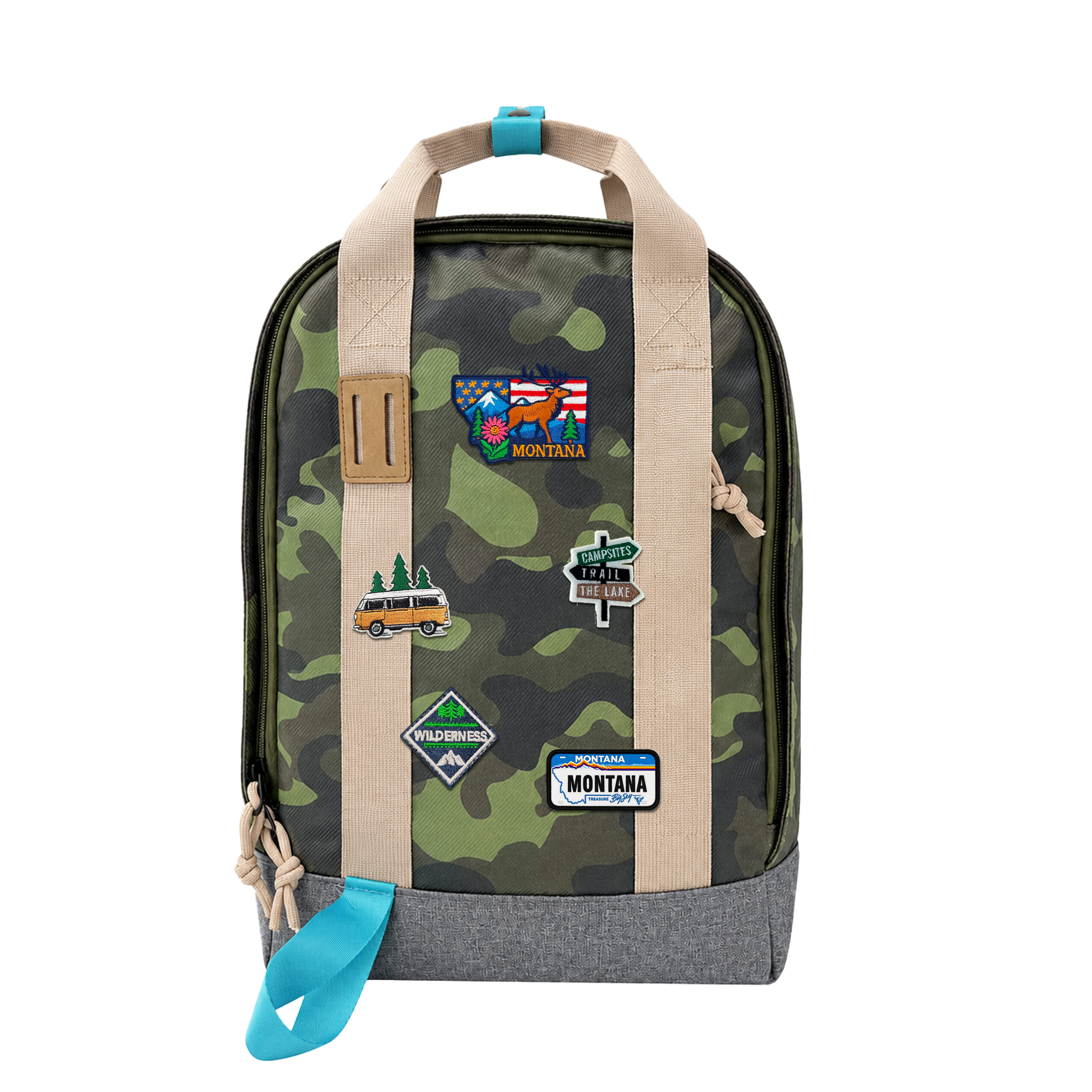 Montana Big Sky Waterproof Camouflage Backpack with Vintage Patches for Travel