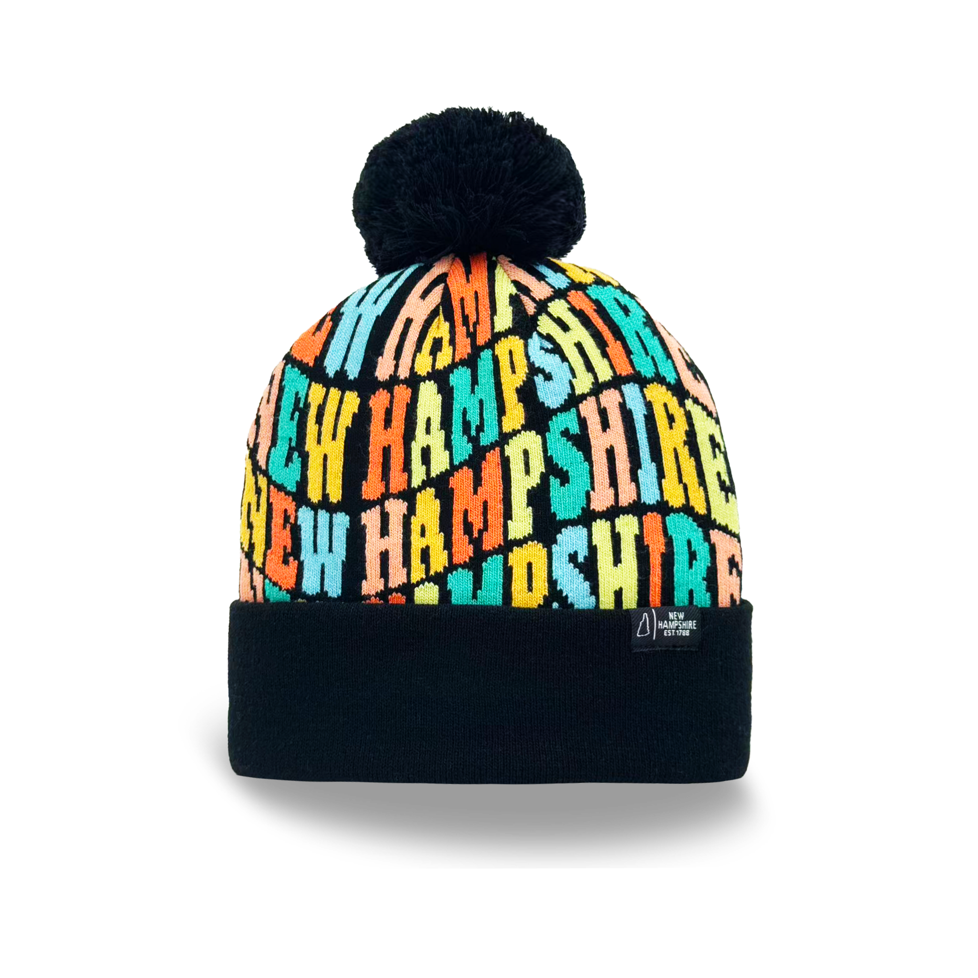 New Hampshire Colorful Letter Knit Beanie Retro Pom Pom Winter Hat with Bold Typography