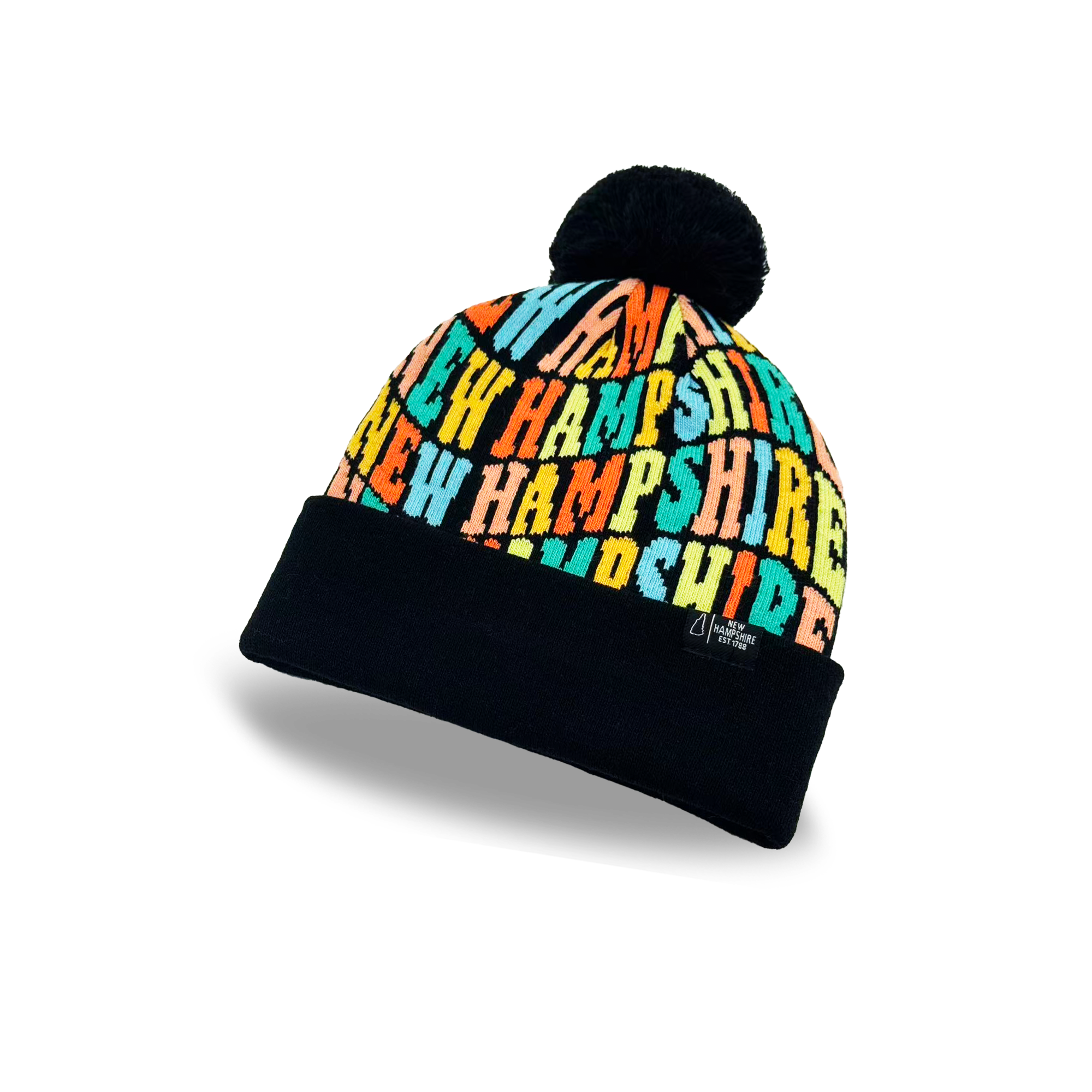 New Hampshire Colorful Letter Knit Beanie Retro Pom Pom Winter Hat with Bold Typography