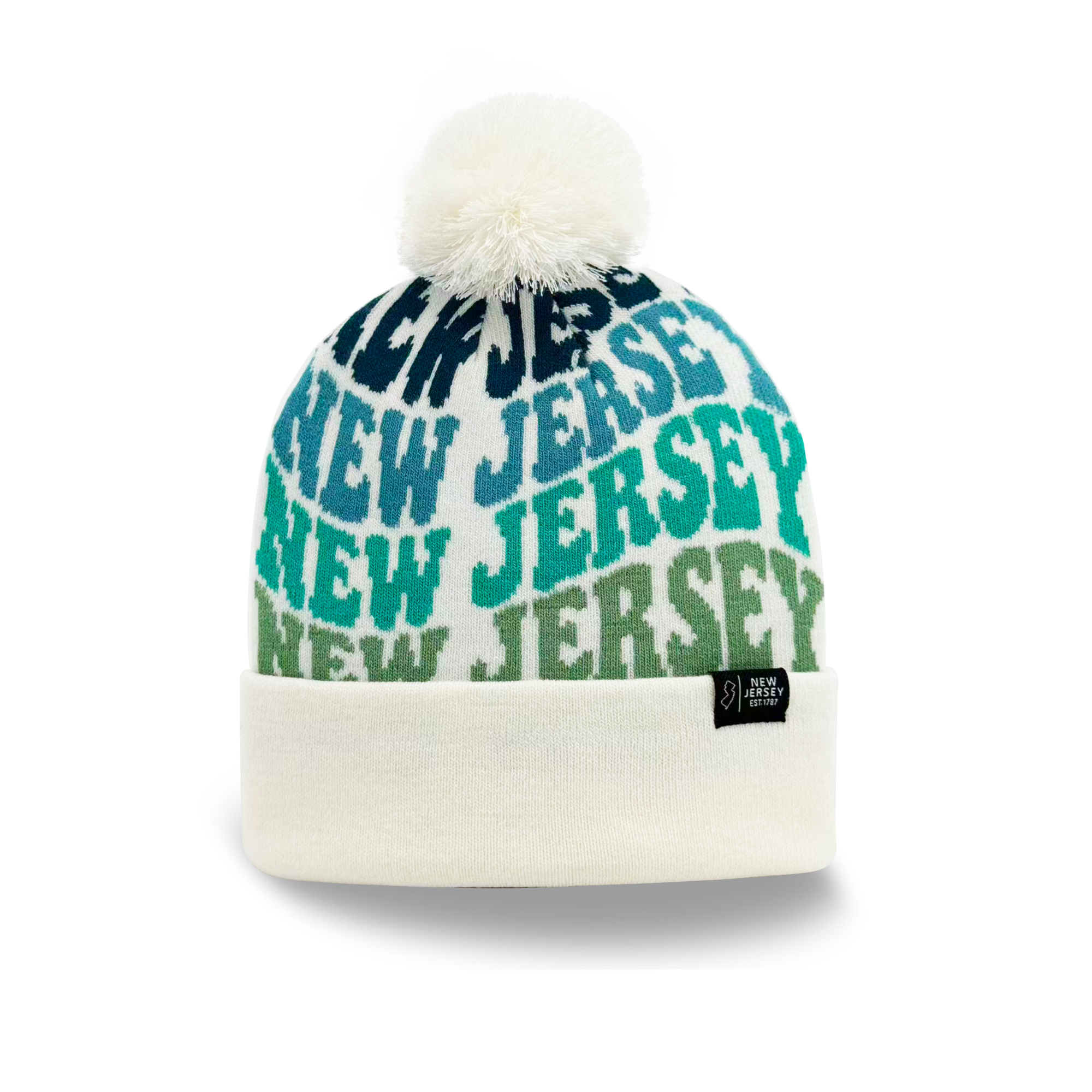 New Jersey Colorful Letter Knit Beanie Retro Pom Pom Winter Hat with Bold Typography