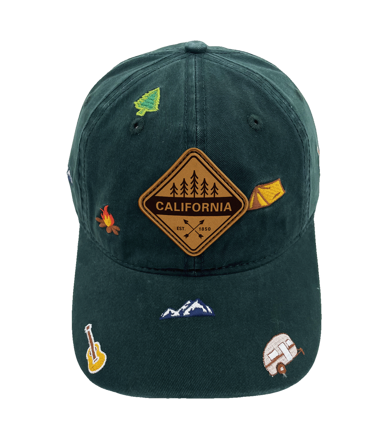 California Adventure Embroidered Hat, Camping Outdoor Travel Baseball Cap with Mountains and Campfire Icons