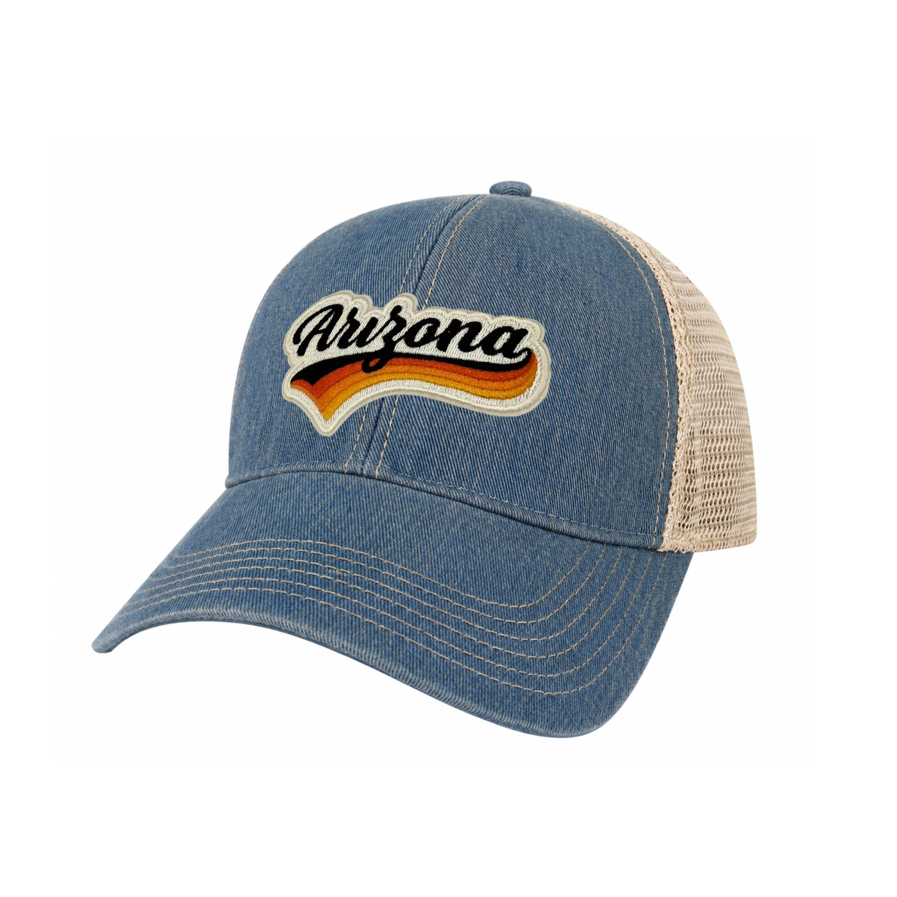 Arizona Vintage Dirty Washed Trucker Cap with Retro Rainbow Patch | Cotton Mesh Snapback Hat