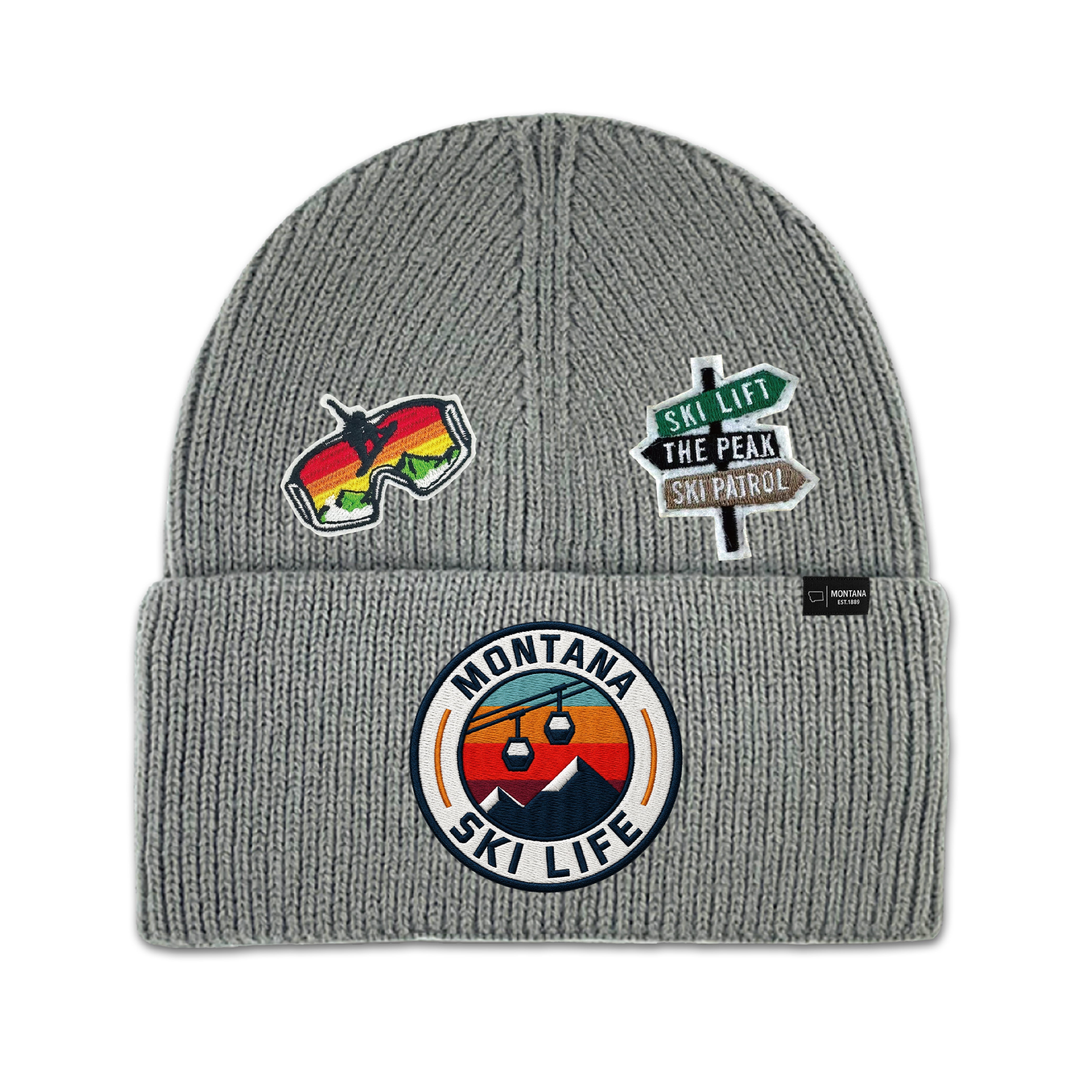 Big Sky, Montana Ski Life Knit Beanie with Appliqu¨¦ Patches