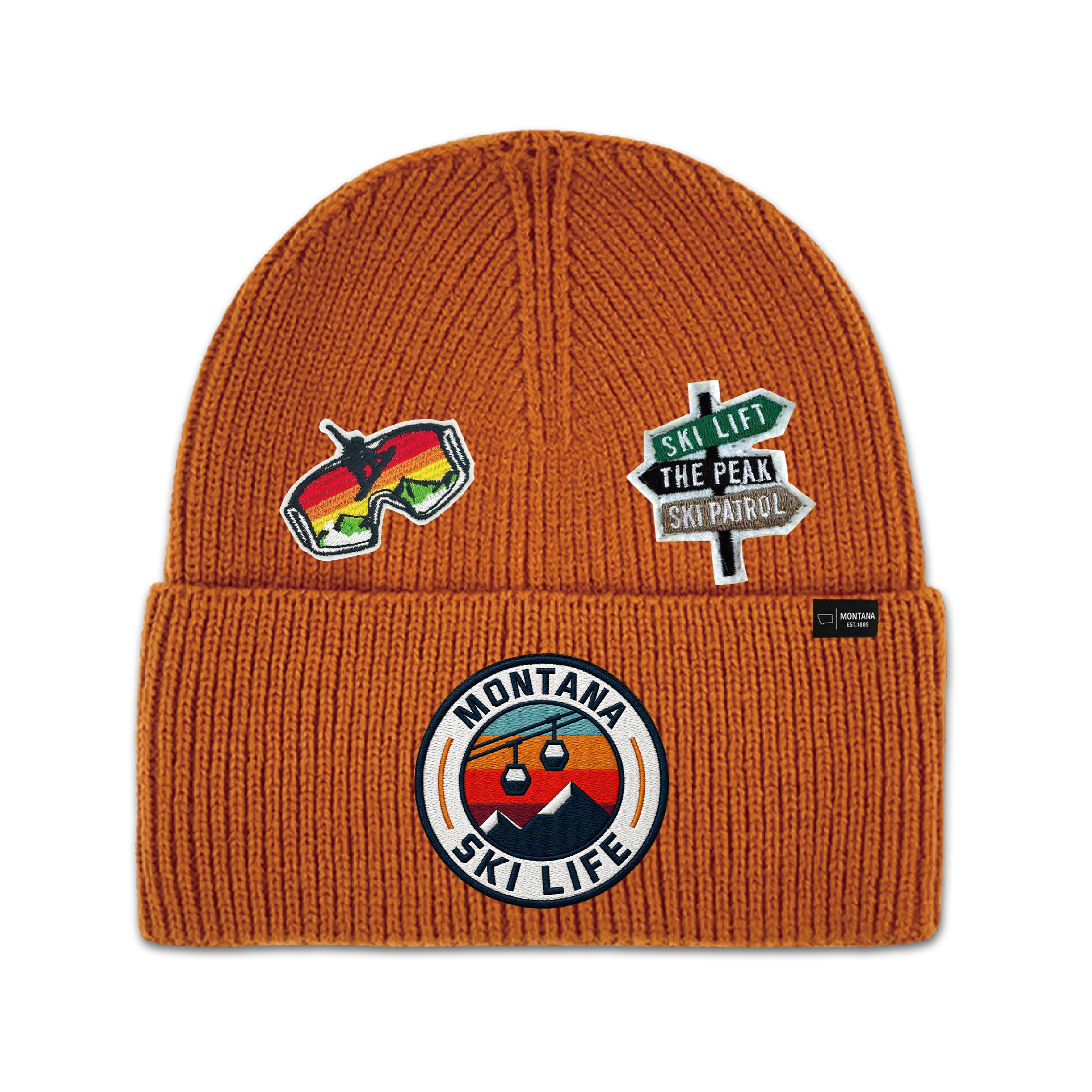 Big Sky, Montana Ski Life Knit Beanie with Appliqu¨¦ Patches