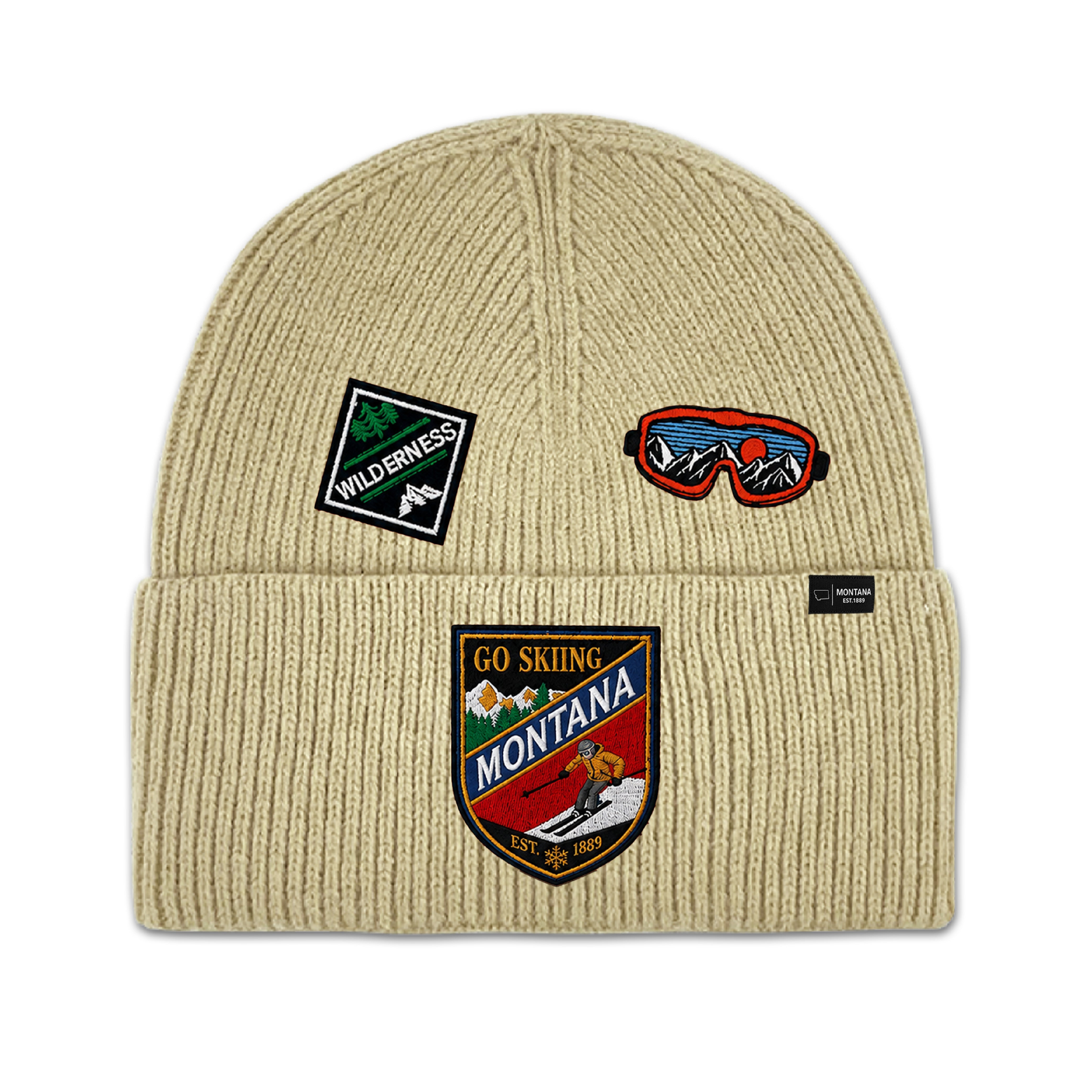 Big Sky, Montana Go Skiing Knit Beanie with Appliqu Patches
