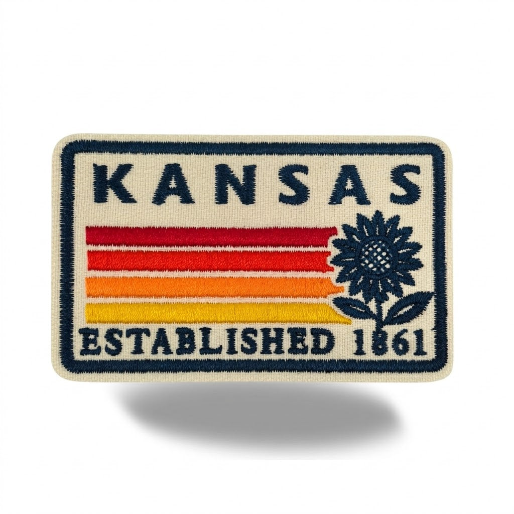Kansas Sunflower Embroidered Iron-On Patch ¨C Vintage State Souvenir Travel Patch