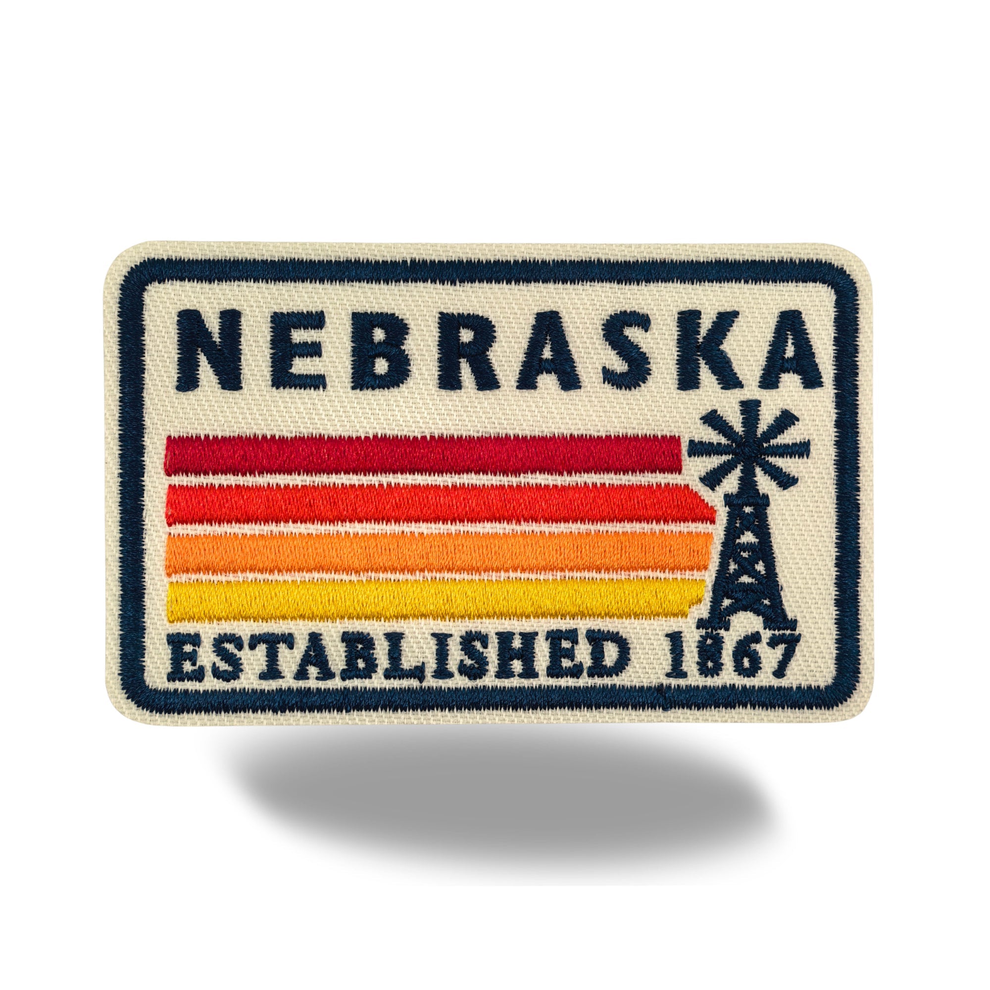 Nebraska Windmill Embroidered Iron-On Patch | Vintage Prairie State Travel Souvenir Applique for Jackets, Hats & Backpacks
