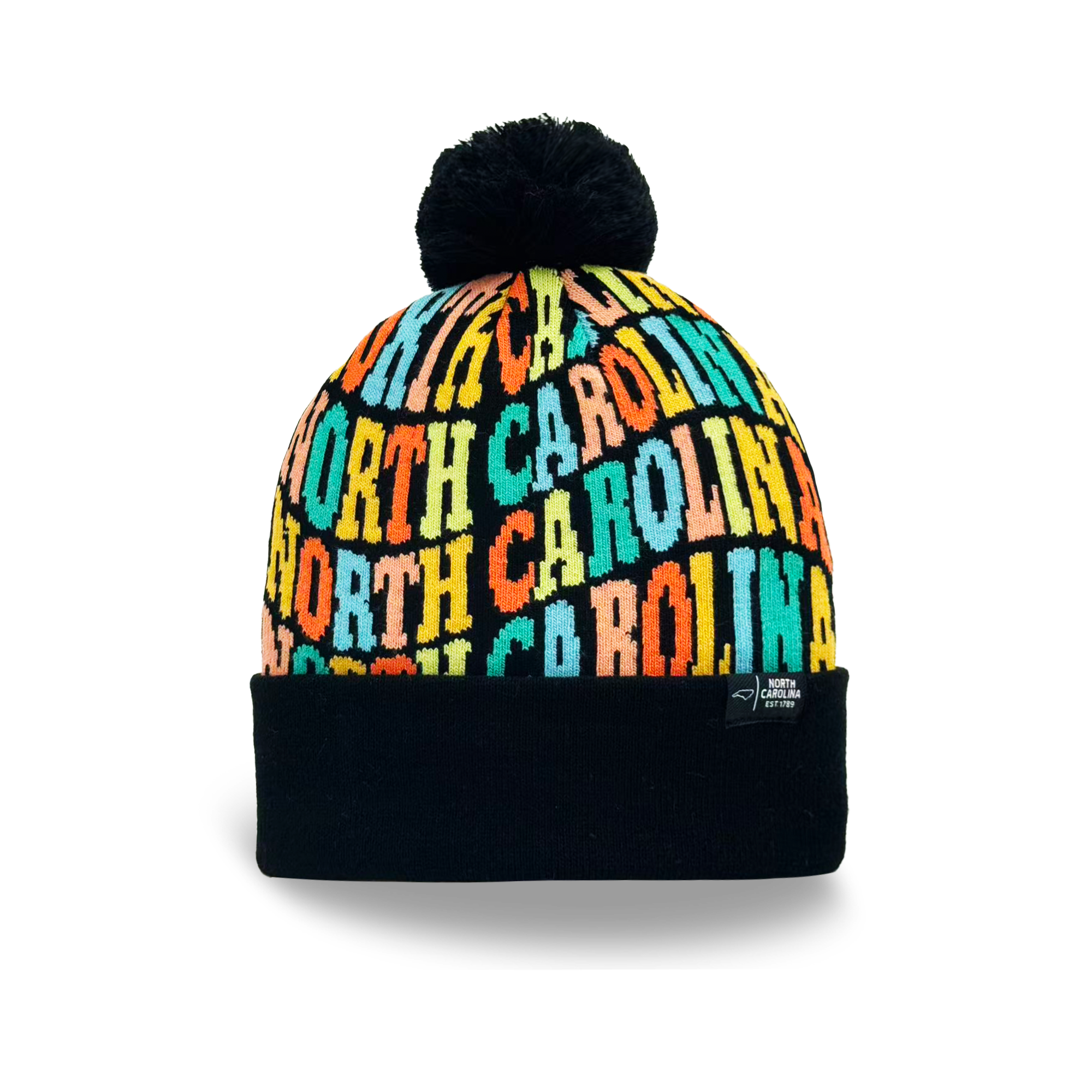 North Carolina Colorful Letter Knit Beanie Retro Pom Pom Winter Hat with Bold Typography