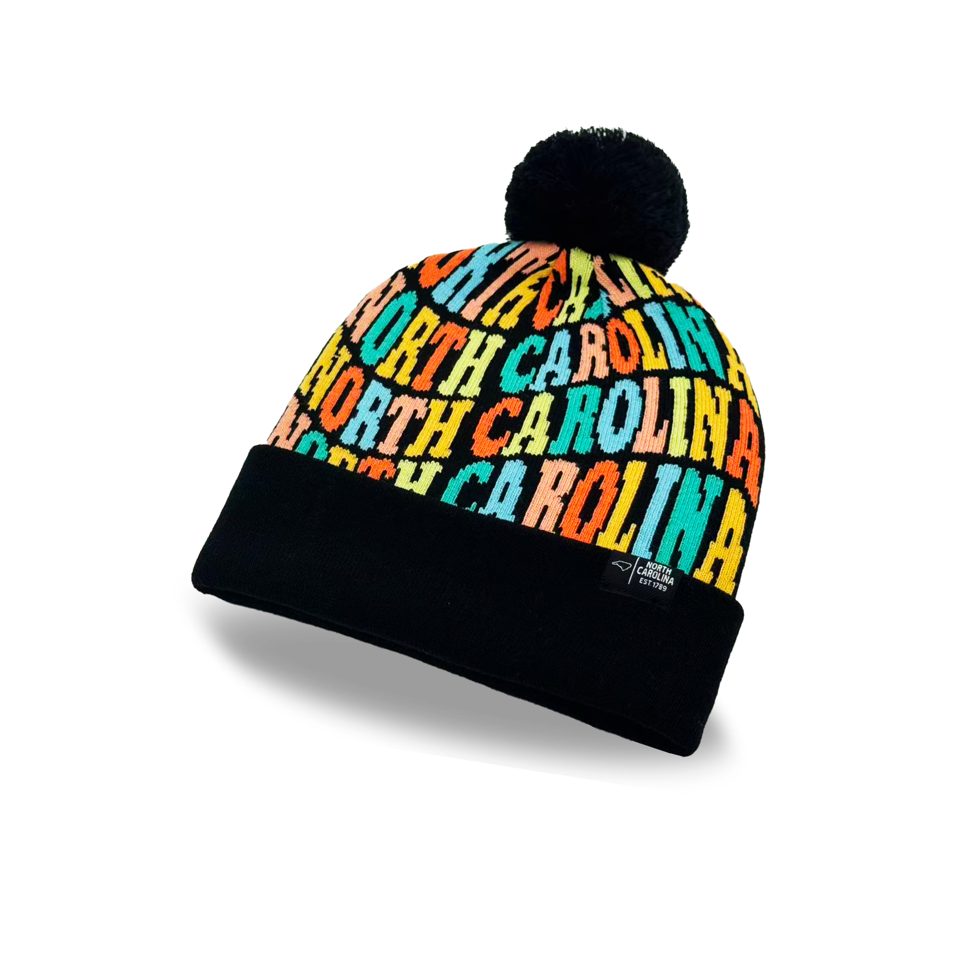 North Carolina Colorful Letter Knit Beanie Retro Pom Pom Winter Hat with Bold Typography