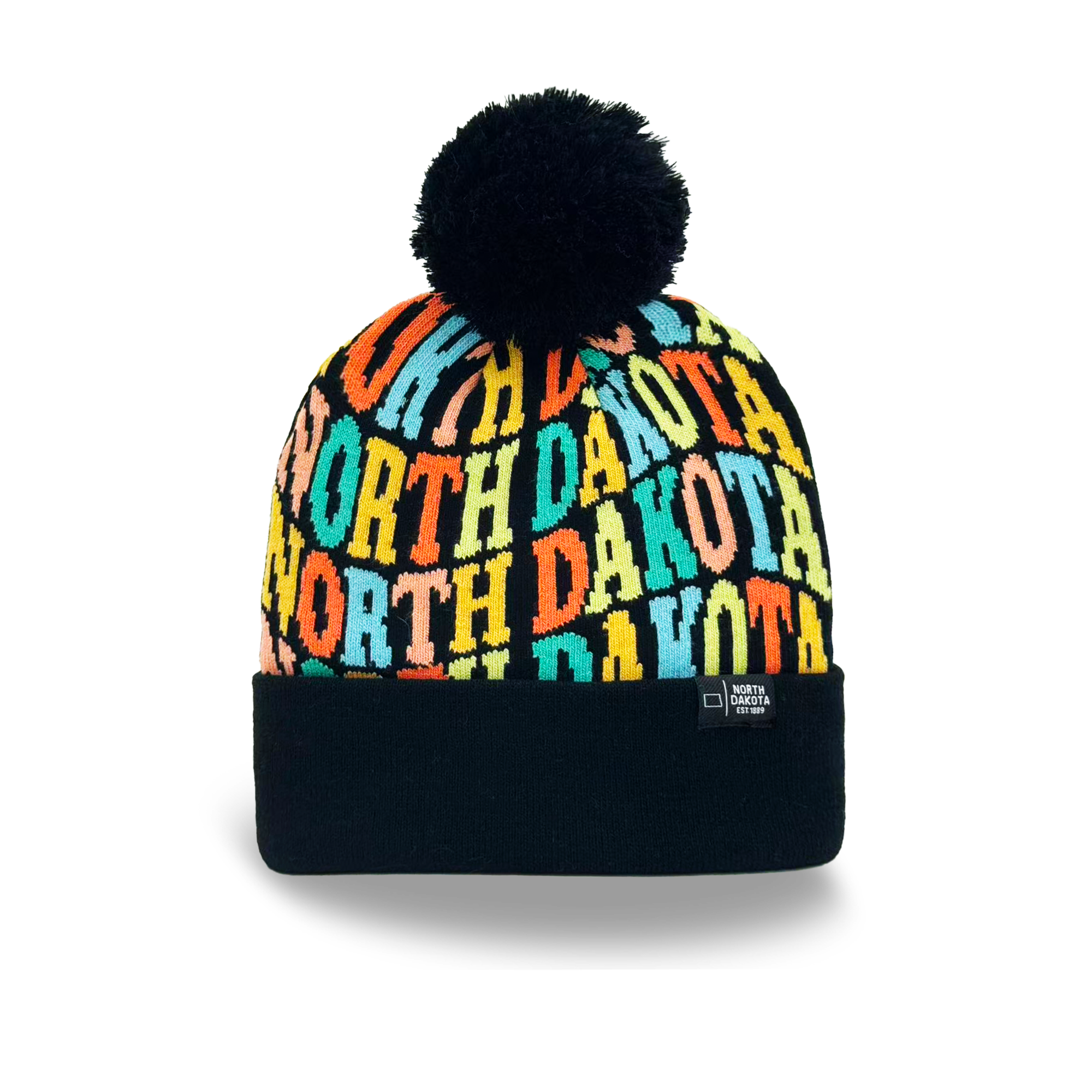 North Dakota Colorful Letter Knit Beanie Retro Pom Pom Winter Hat with Bold Typography